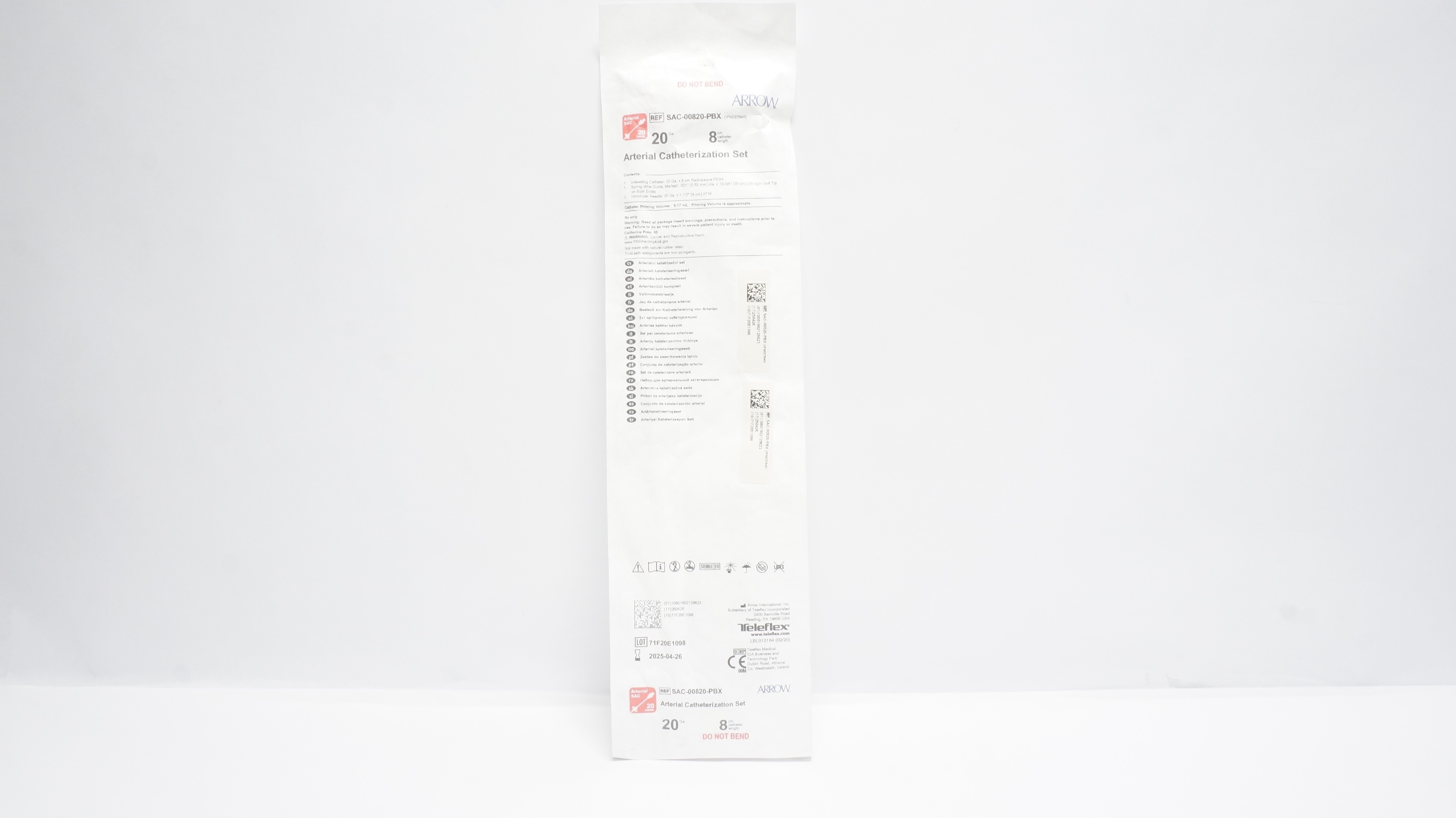 Arrow SAC-00820-PBX Arterial Catheterization Set 20Ga x 8cm (x)
