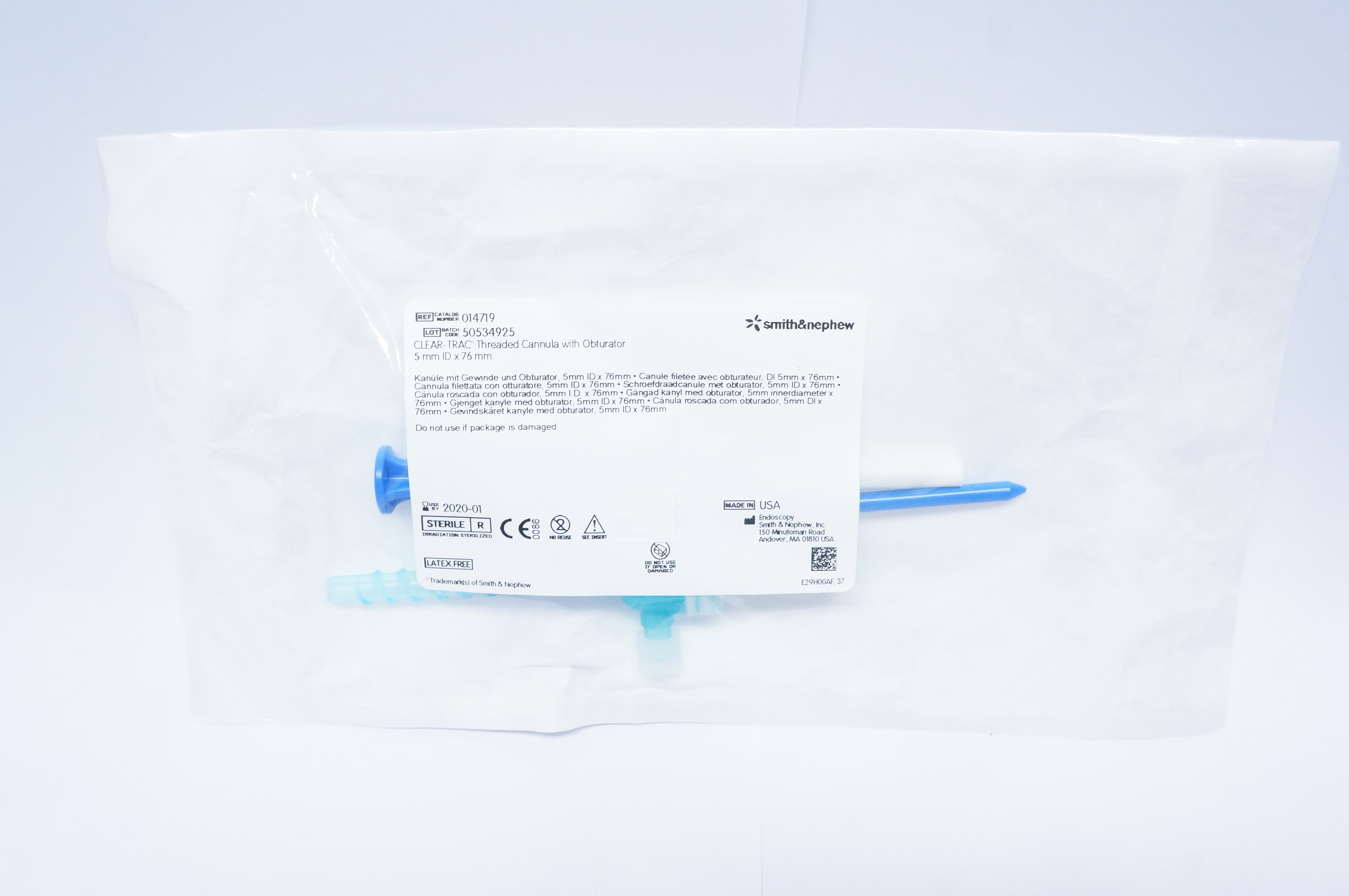 Smith&Nephew 014719 CLEAR-TRAC Threaded Cannula with Obturator 5mm ID x 76mm (x)