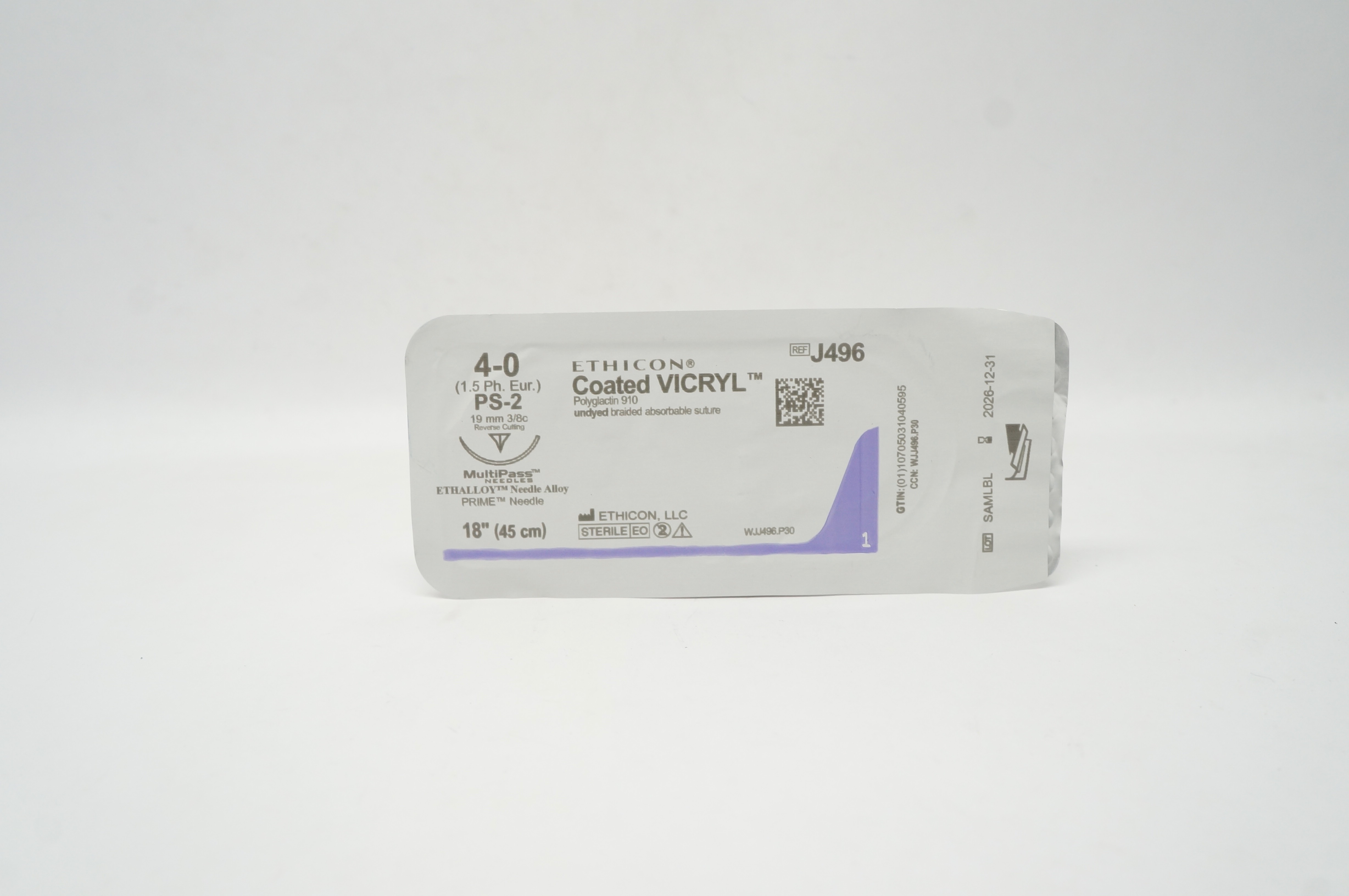 Ethicon J496 4-0 Coated VICRYL Stre PS-2 19mm 3/8c Reverse Cutting,18inch
