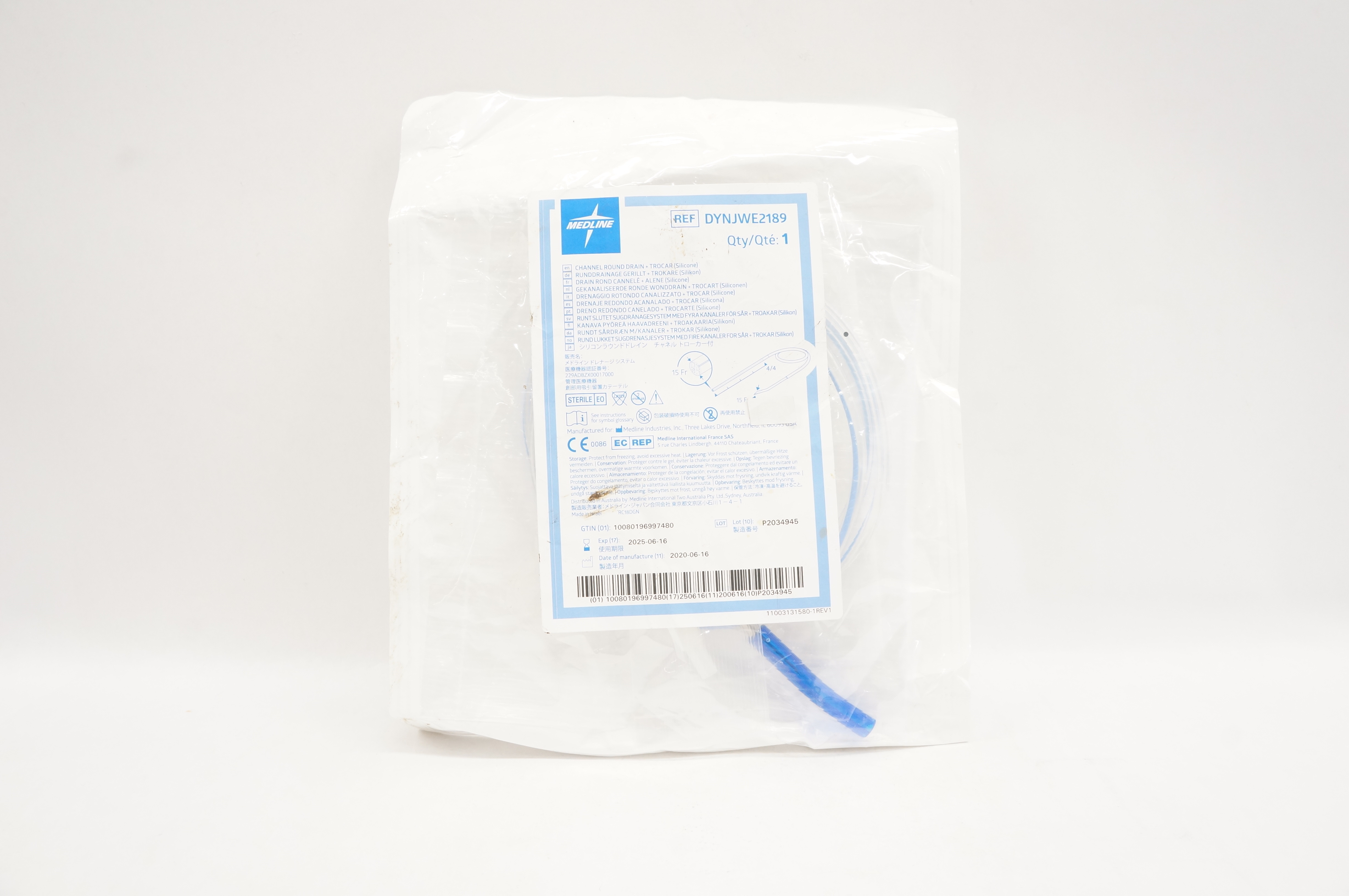 Medline DYNJWE2189 Channel Round Drain - Trocar Silicone 15Fr