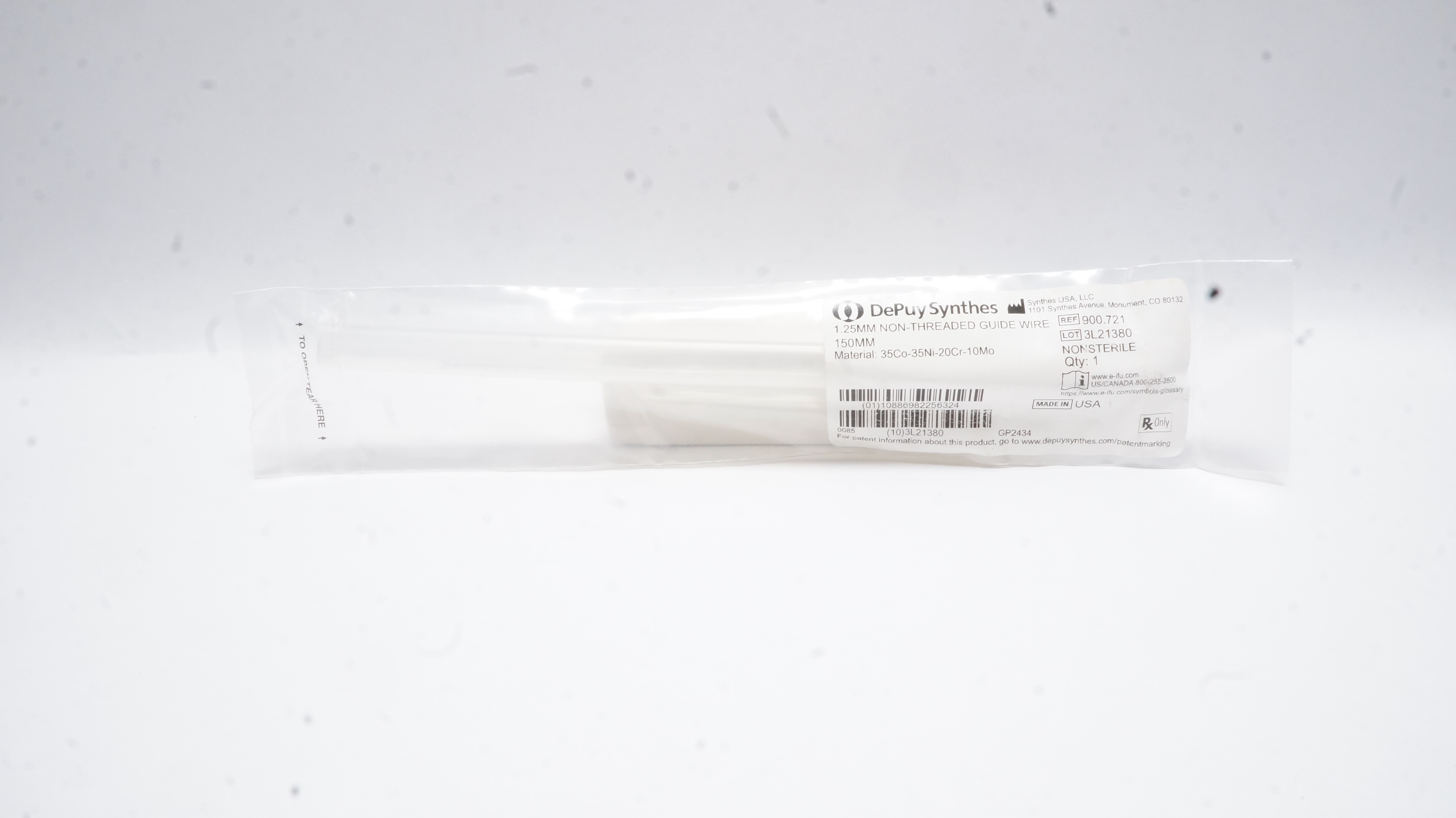 DePuy Synthes 900.721 1.25mm Non-Threaded Guide Wire 150mm,Nonsterile