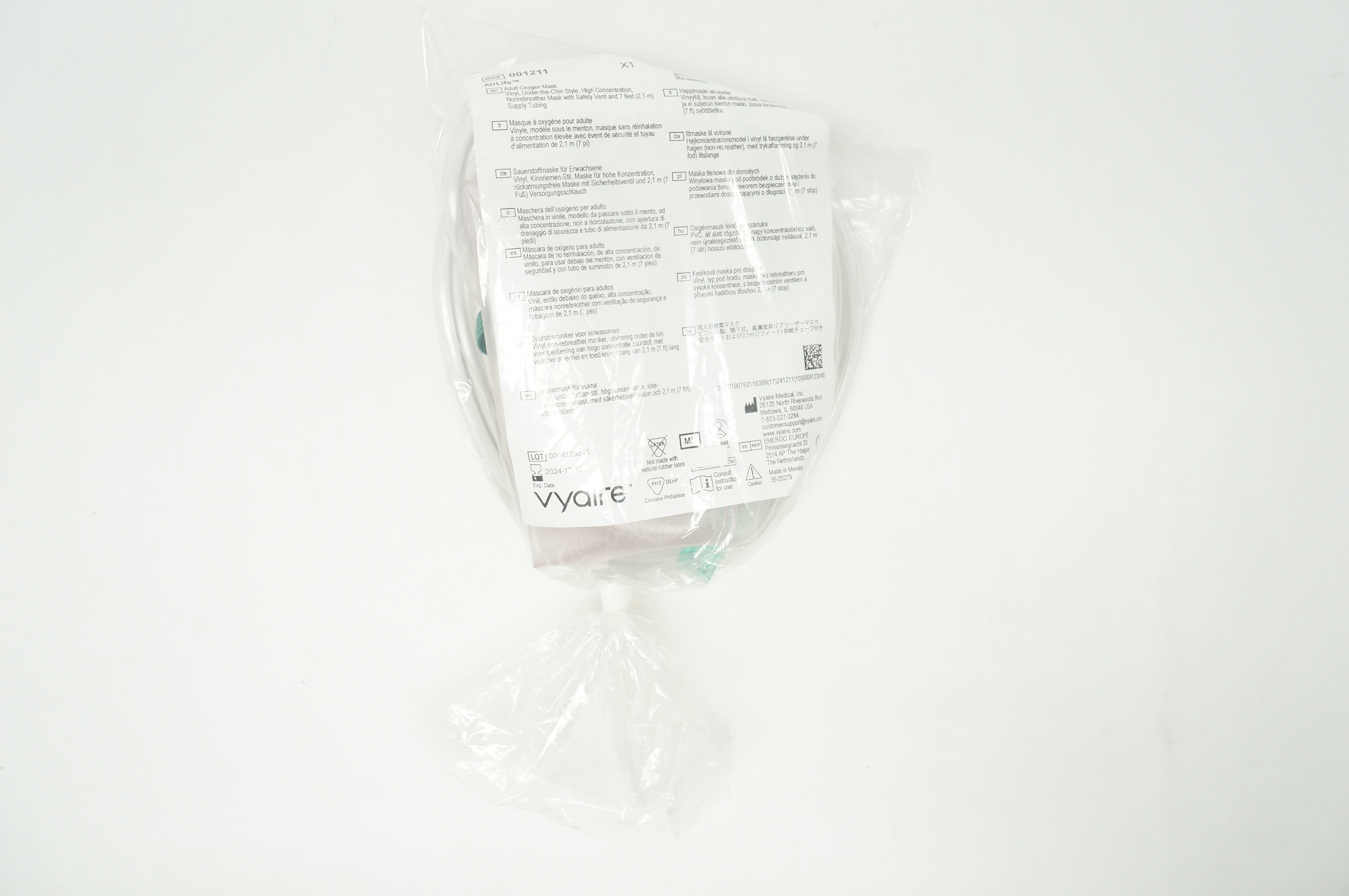 Vyaire Medical 001211 Adult Oxygen Mask, Vinyl, Under-the-Chin Style