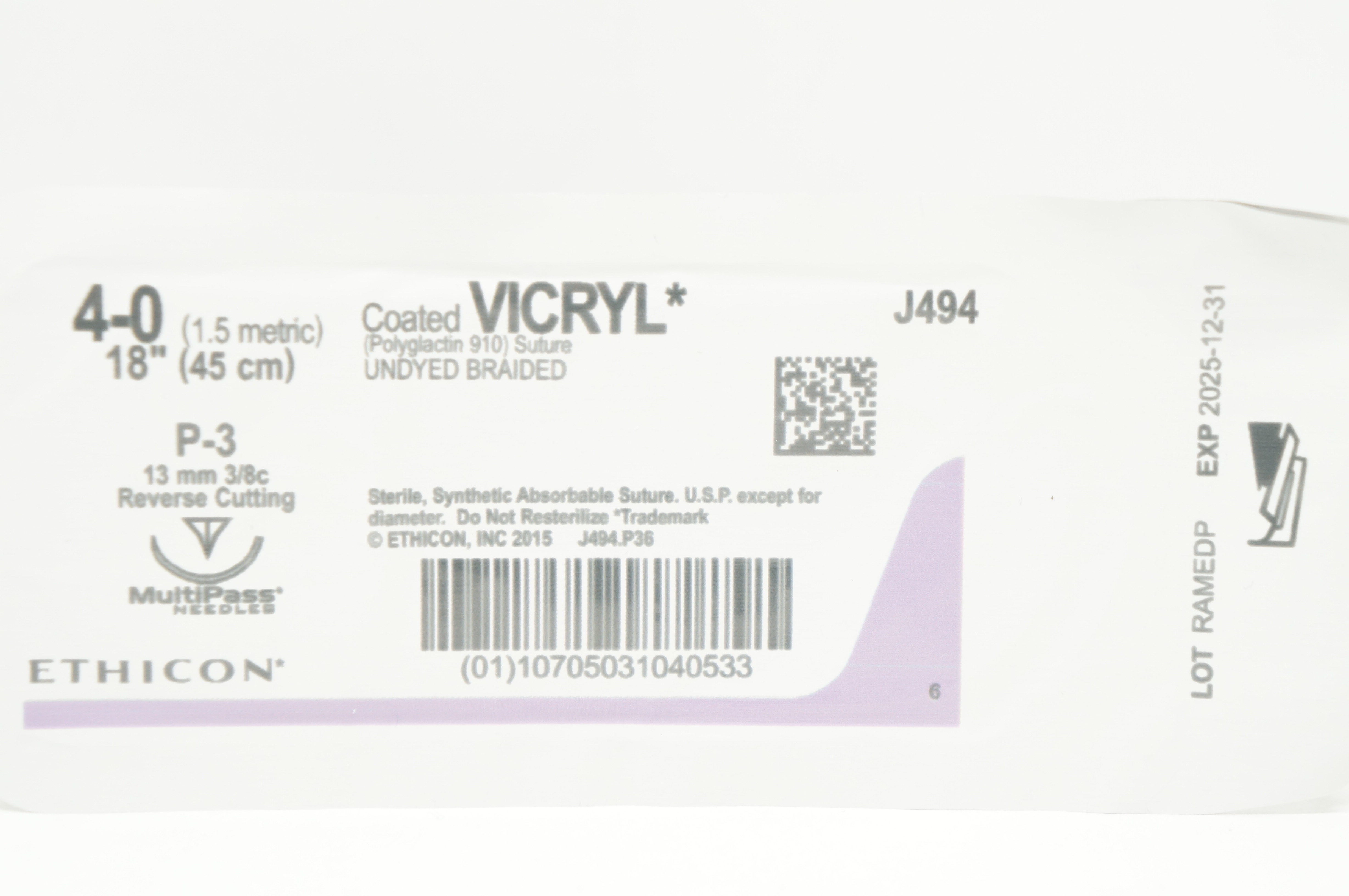 Ethicon J494 4-0 Coated VICRYL Stre P-3 13mm 3/8c Reverse Cutting 18inch