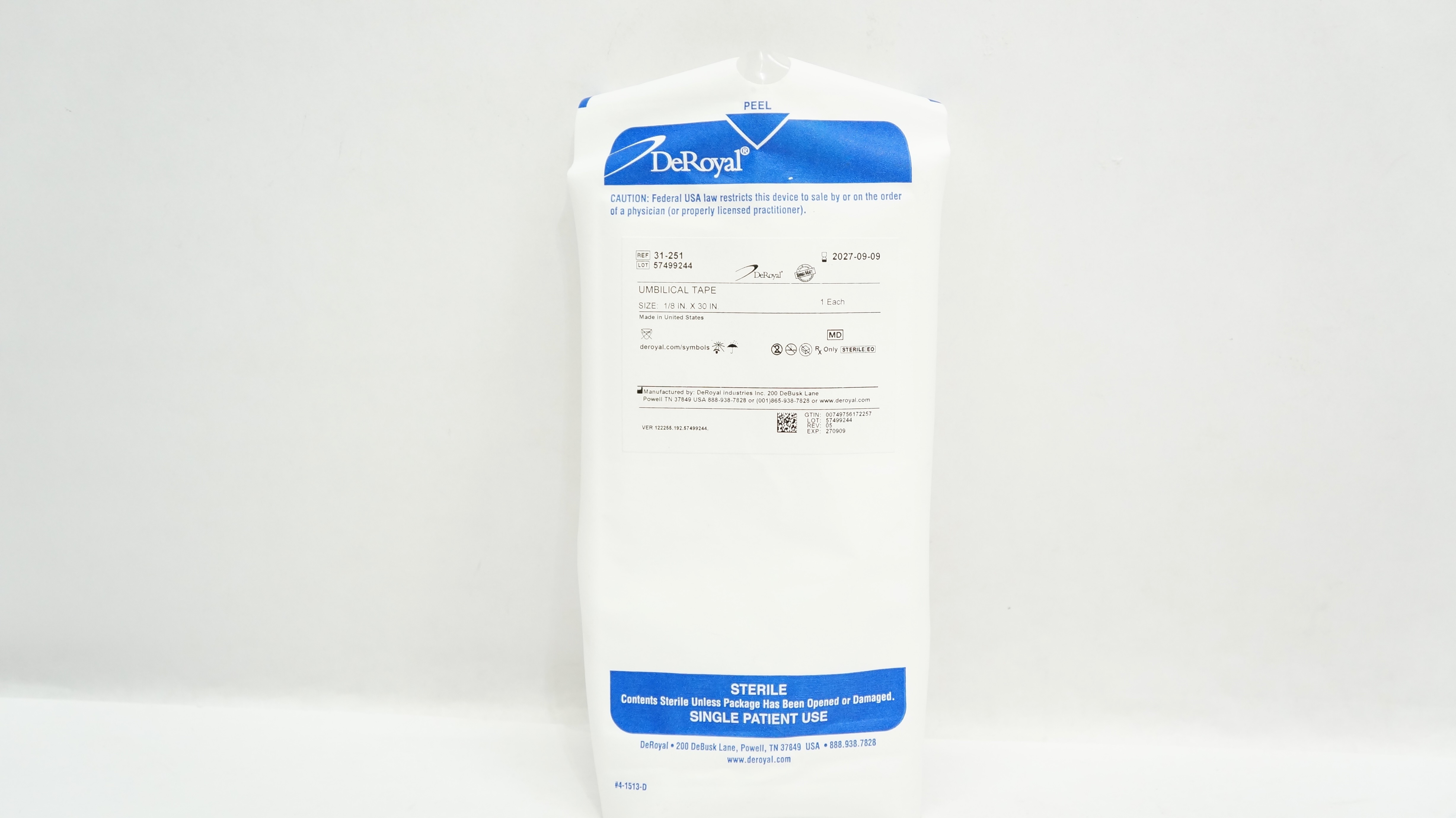 DeRoyal 31-251 Umbilical Tape 1/8inch x 30inch