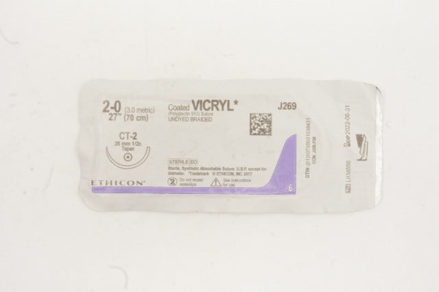 Ethicon J269 2-0 Coated VICRYL Stre CT-2 26mm 1/2c Taper, 27inch