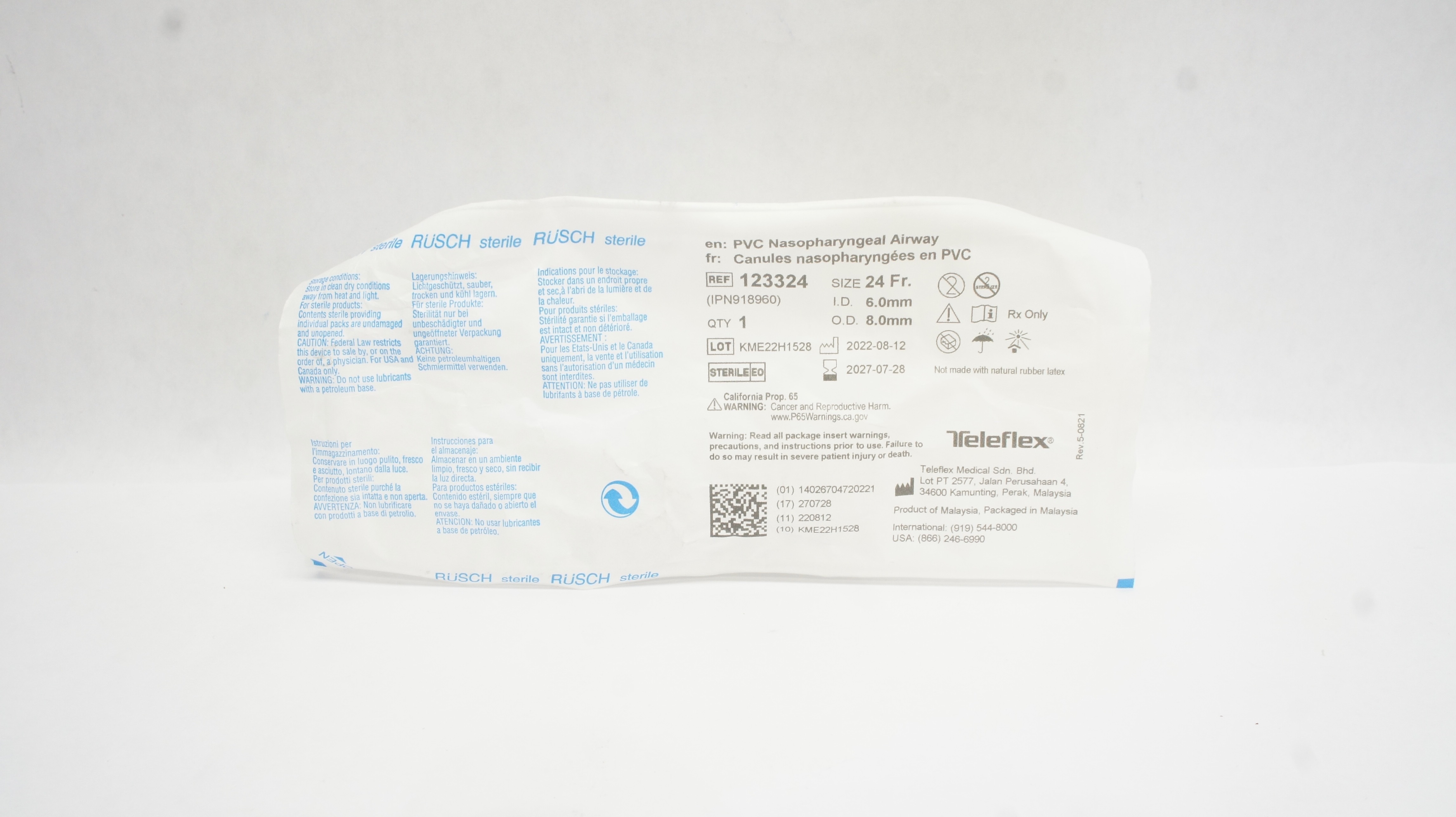 Teleflex 123324 Rusch PVC Nasopharyngeal Airway 24 Fr x 6.0mm ID x 8.0mm OD
