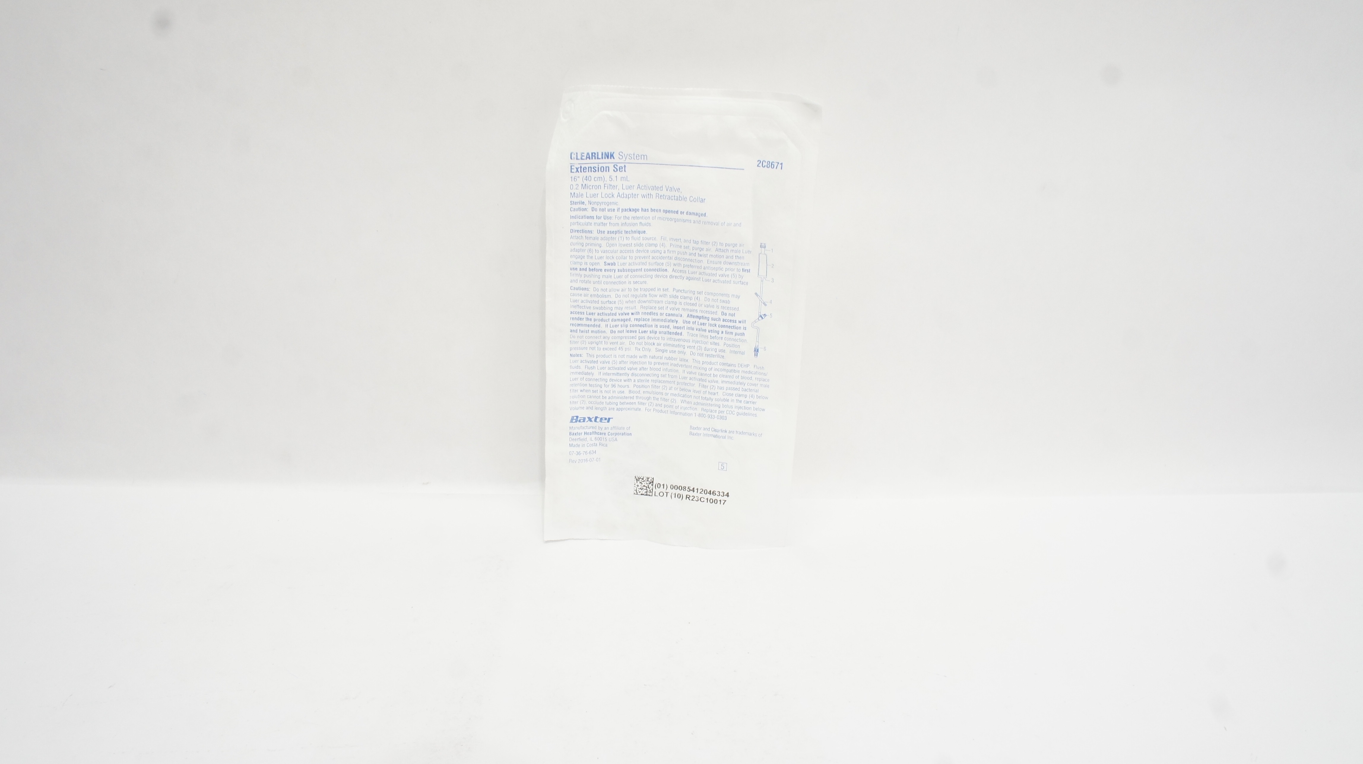 Baxter 2C8671 Clearlink System Extension Set 16inch x 5.1 mL, 0.2Micron Filter