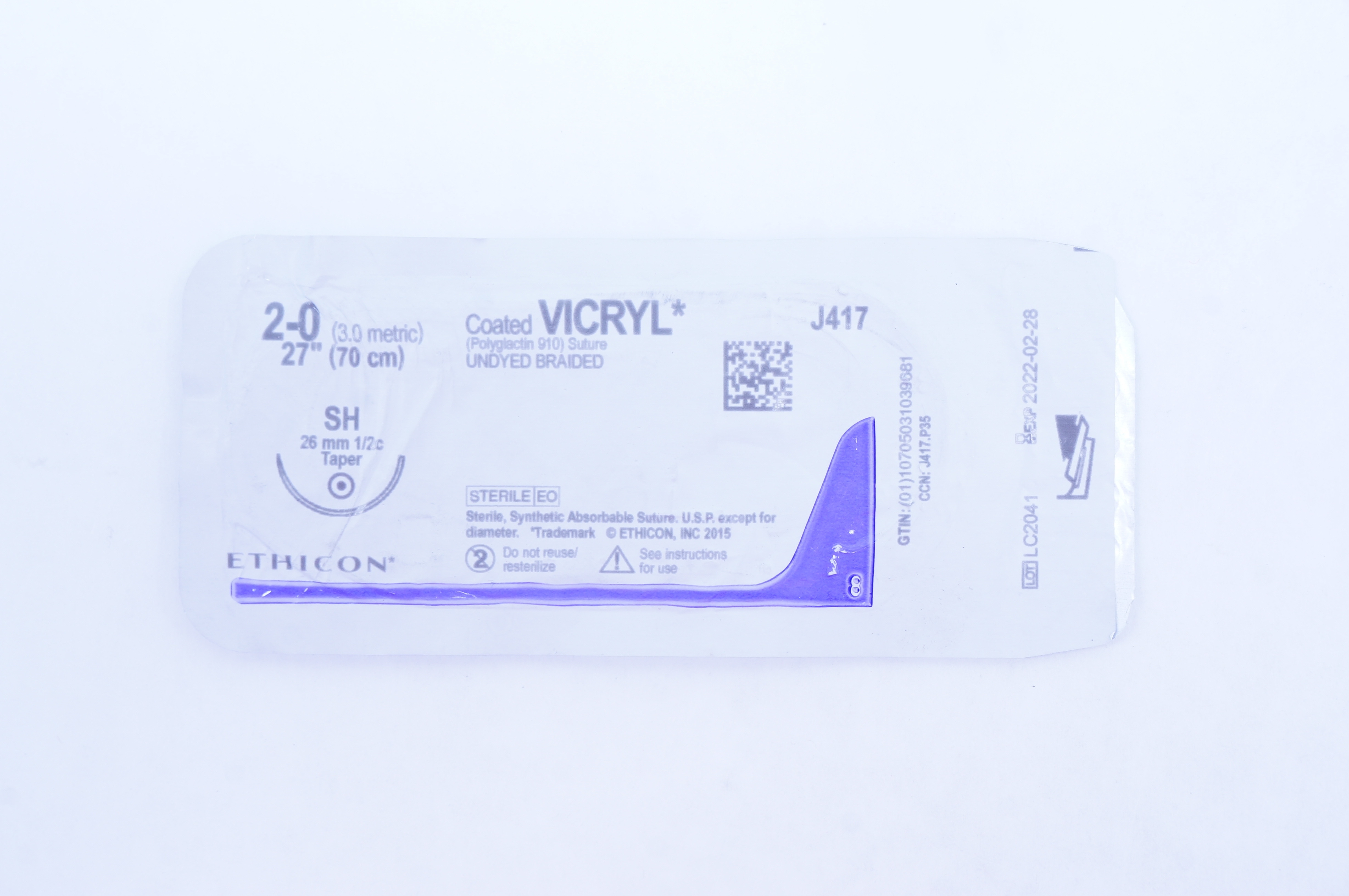 Ethicon J417 2-0 Coated VICRYL Polyglactin Stre SH 26mm 1/2c Taper, 27inch (x)