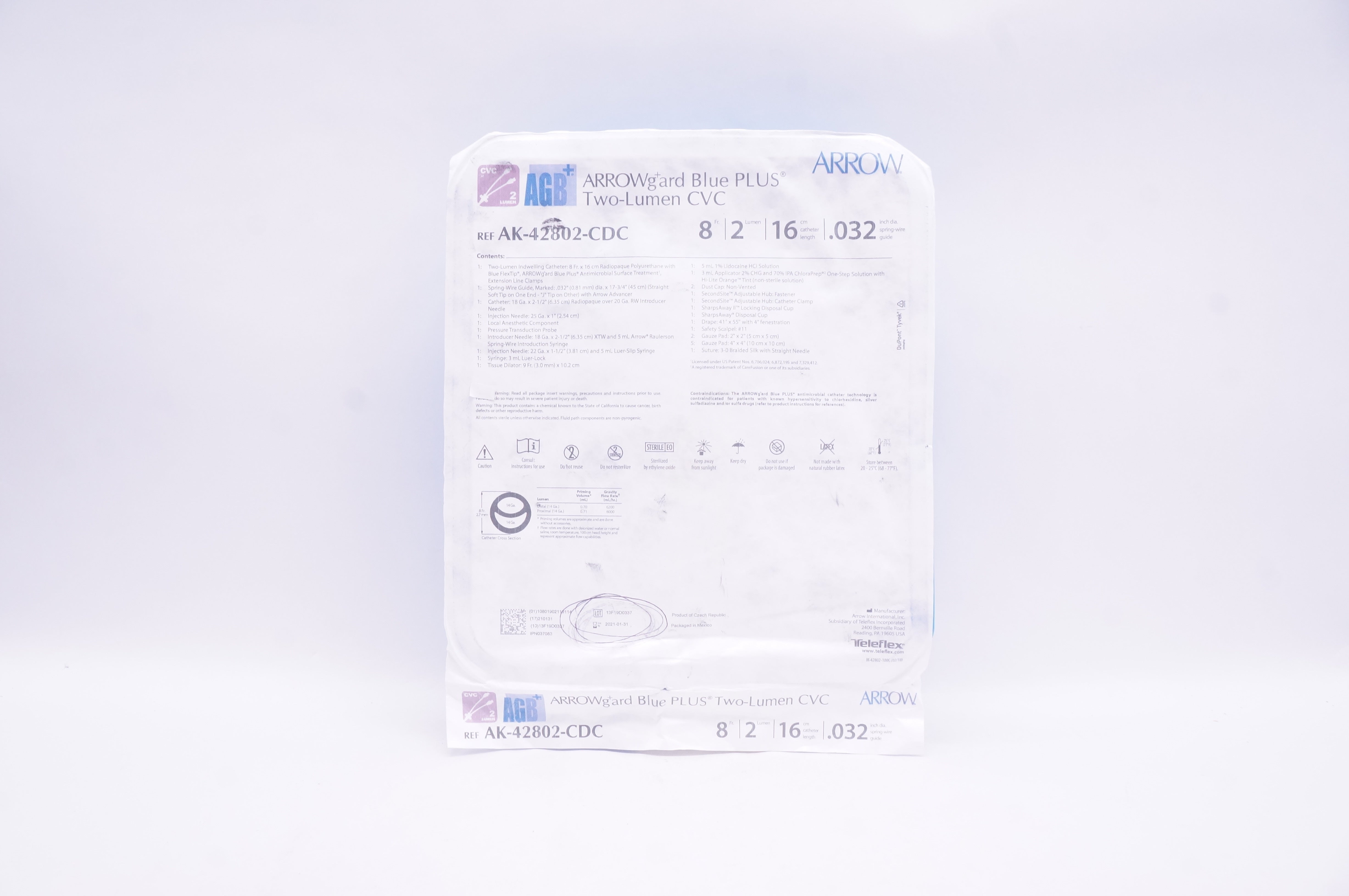 Arrow AK-42802-CDC ARROWgard Blue Plus Two-Lumen CVC 8Fr x 16cm x .032inch (x)