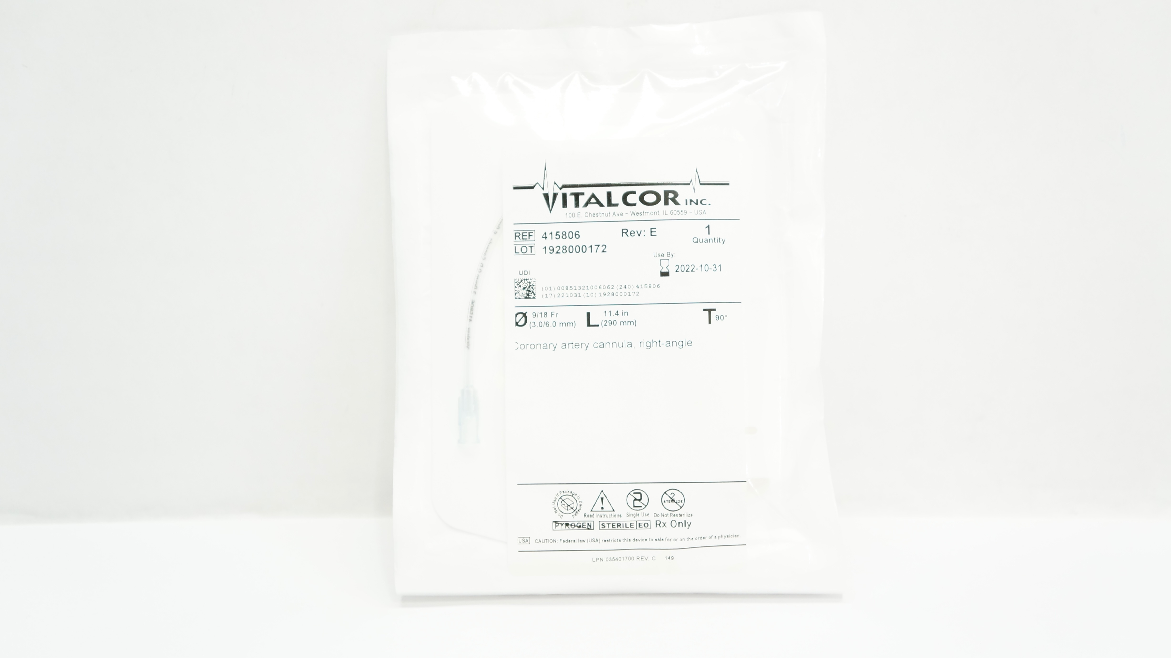 Vitalcor 415806 Coronary Artery Cannula Right-Angle 90Degree 9/18Fr x11.4inch(x)