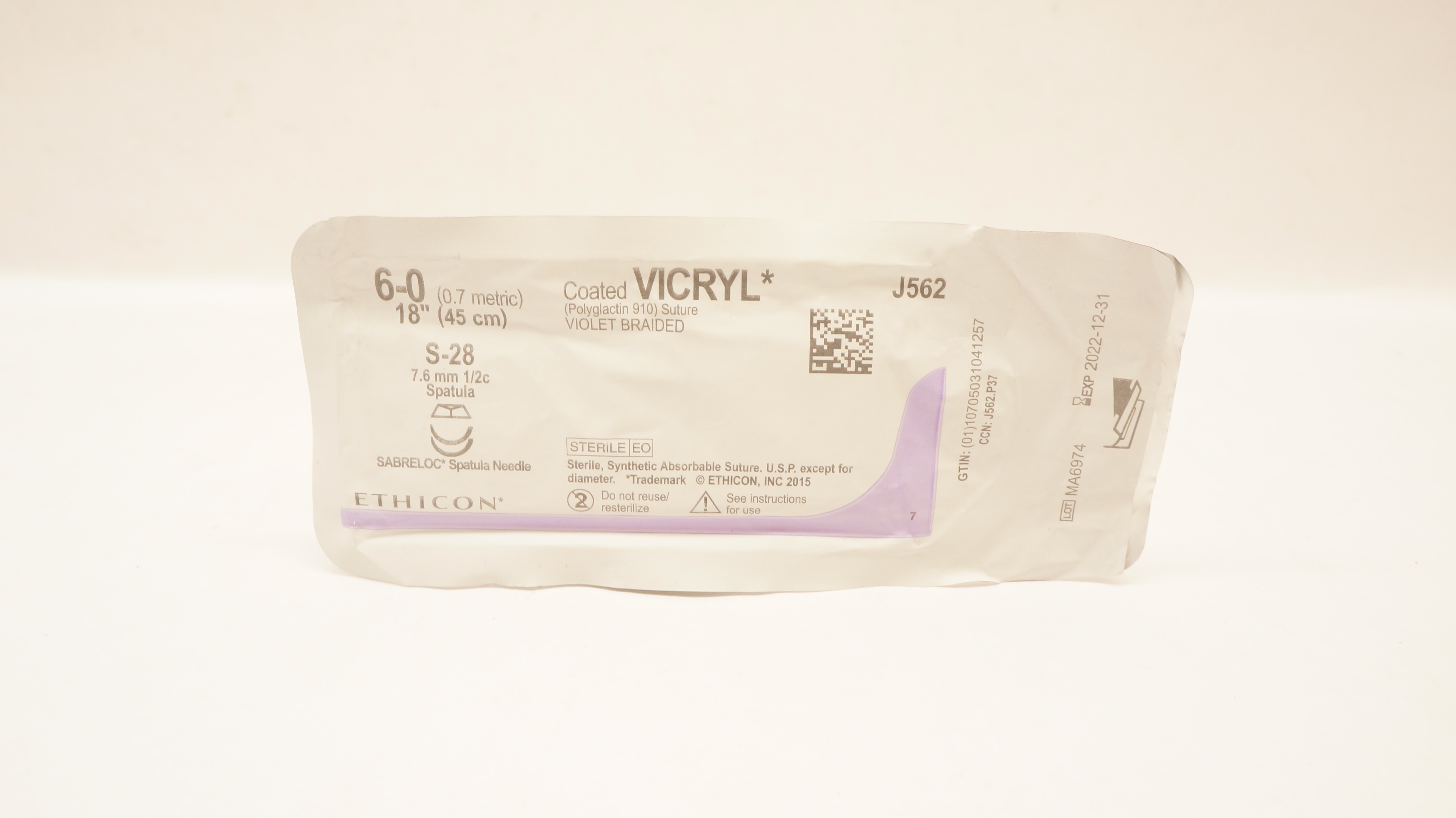 Ethicon J562 6-0 Coated VICRYL Stre S-28 7.6mm 1/2c Spatula, 18inch (x)
