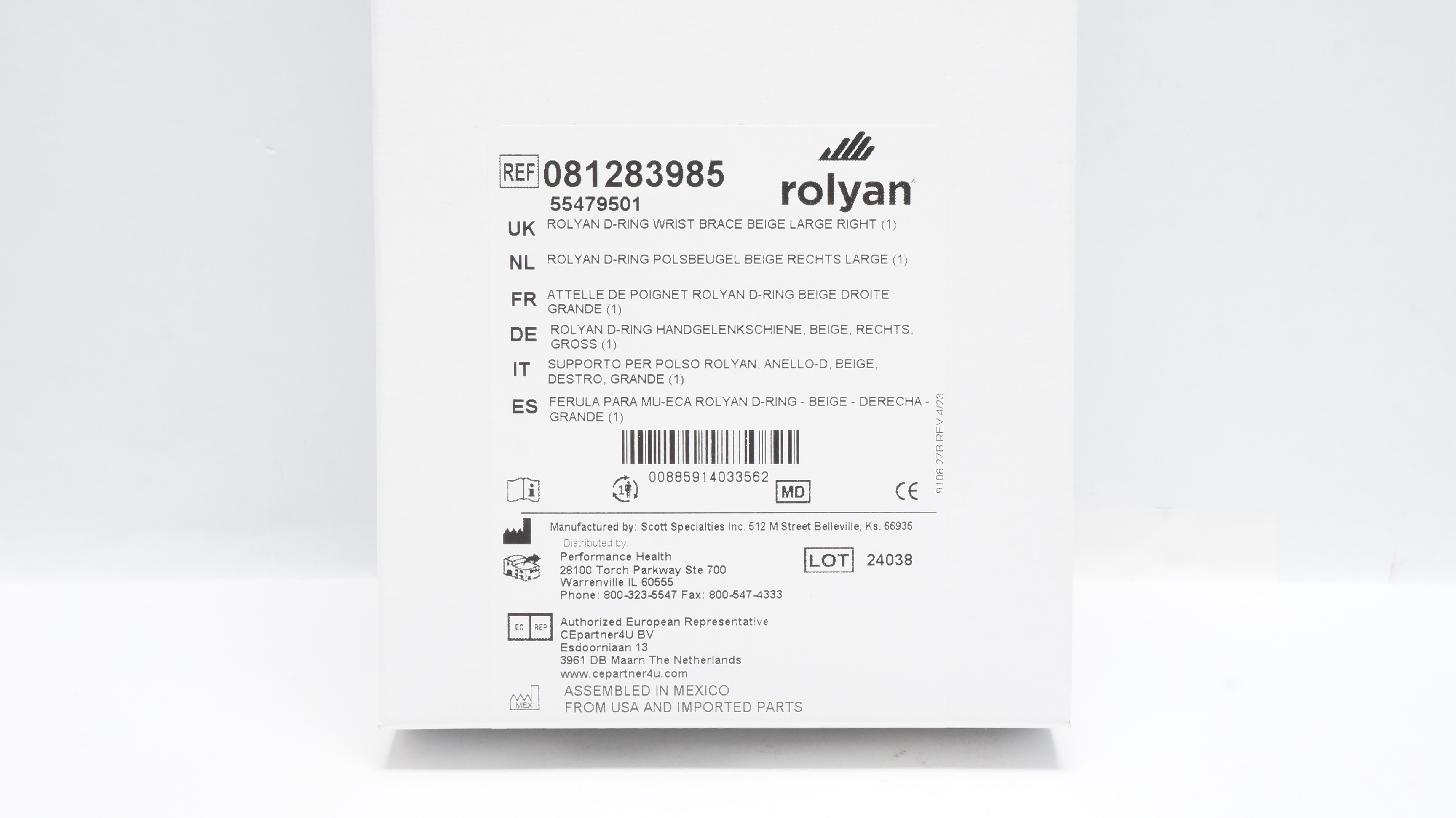Scott Specialties 081283985 Rolyan D-Ring Wrist Brace Beige Large Right