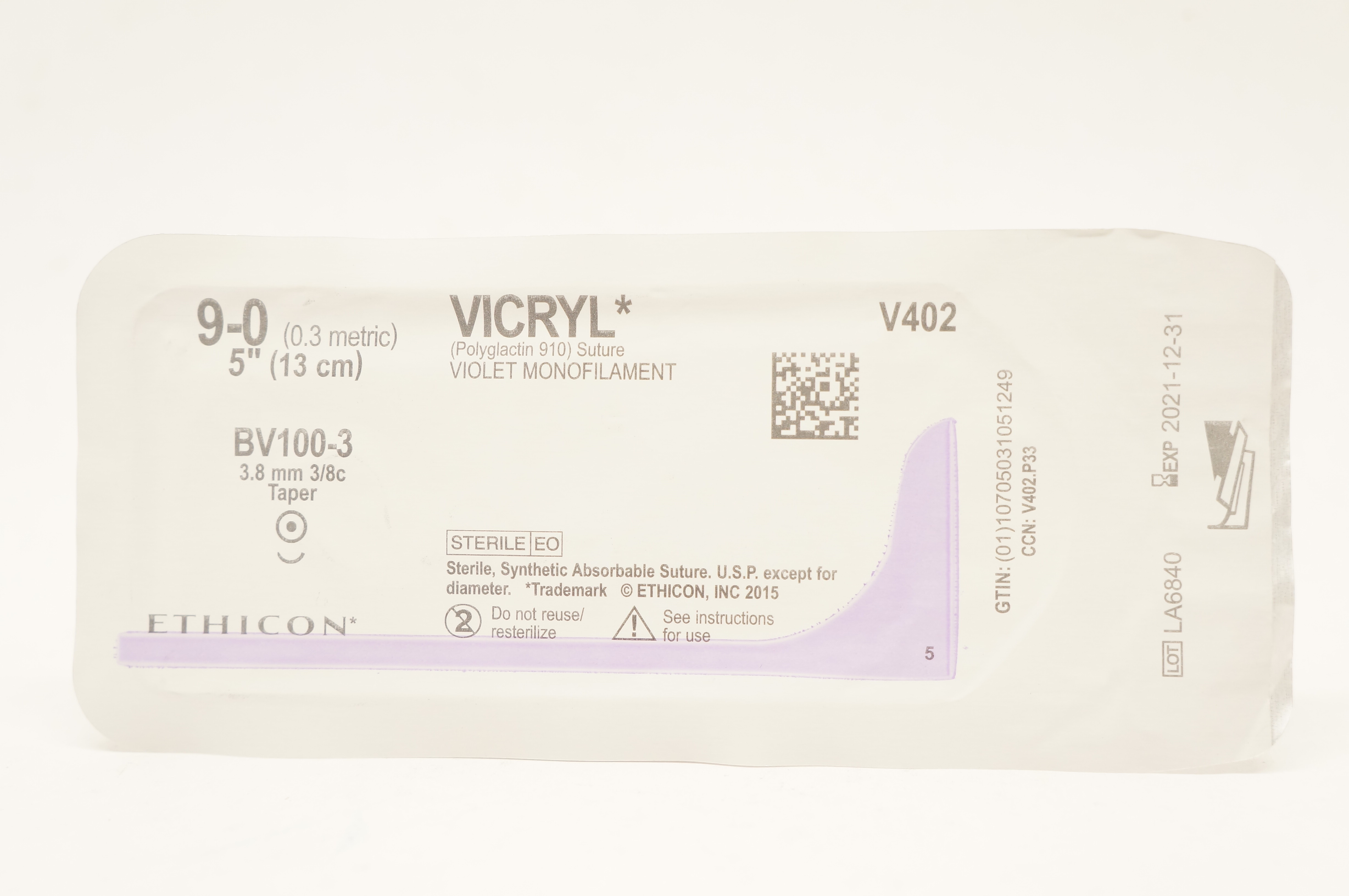Ethicon V402 9-0 VICRYL, BV100-3 3/8mm 3/8c Taper, Violet Monofilament, 5inch(x)