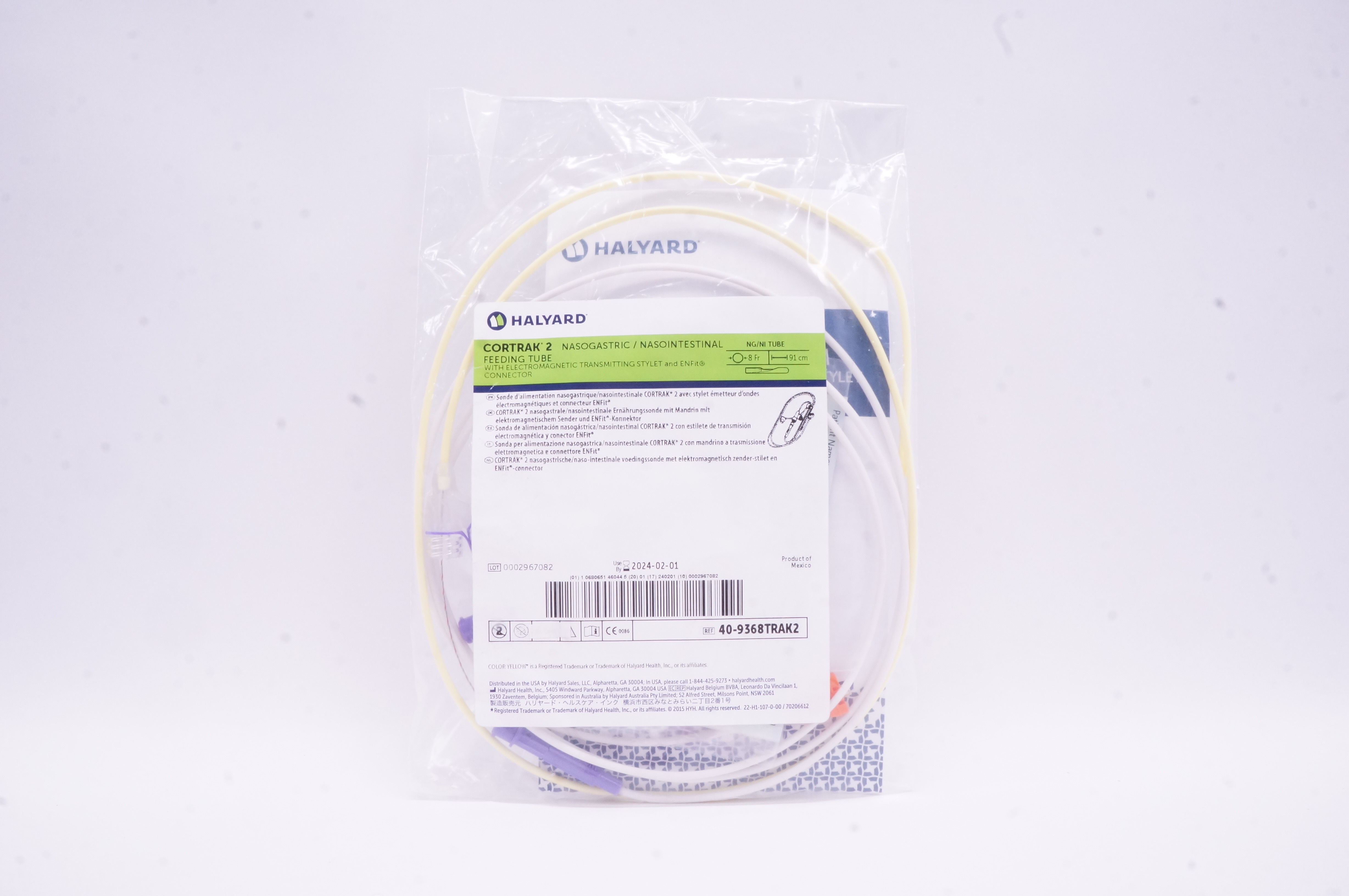 Halyard 40-9368TRAK2 Cortrak 2 Hasogastric/Nasointestinal Feding Tube 8Fr 91 cm