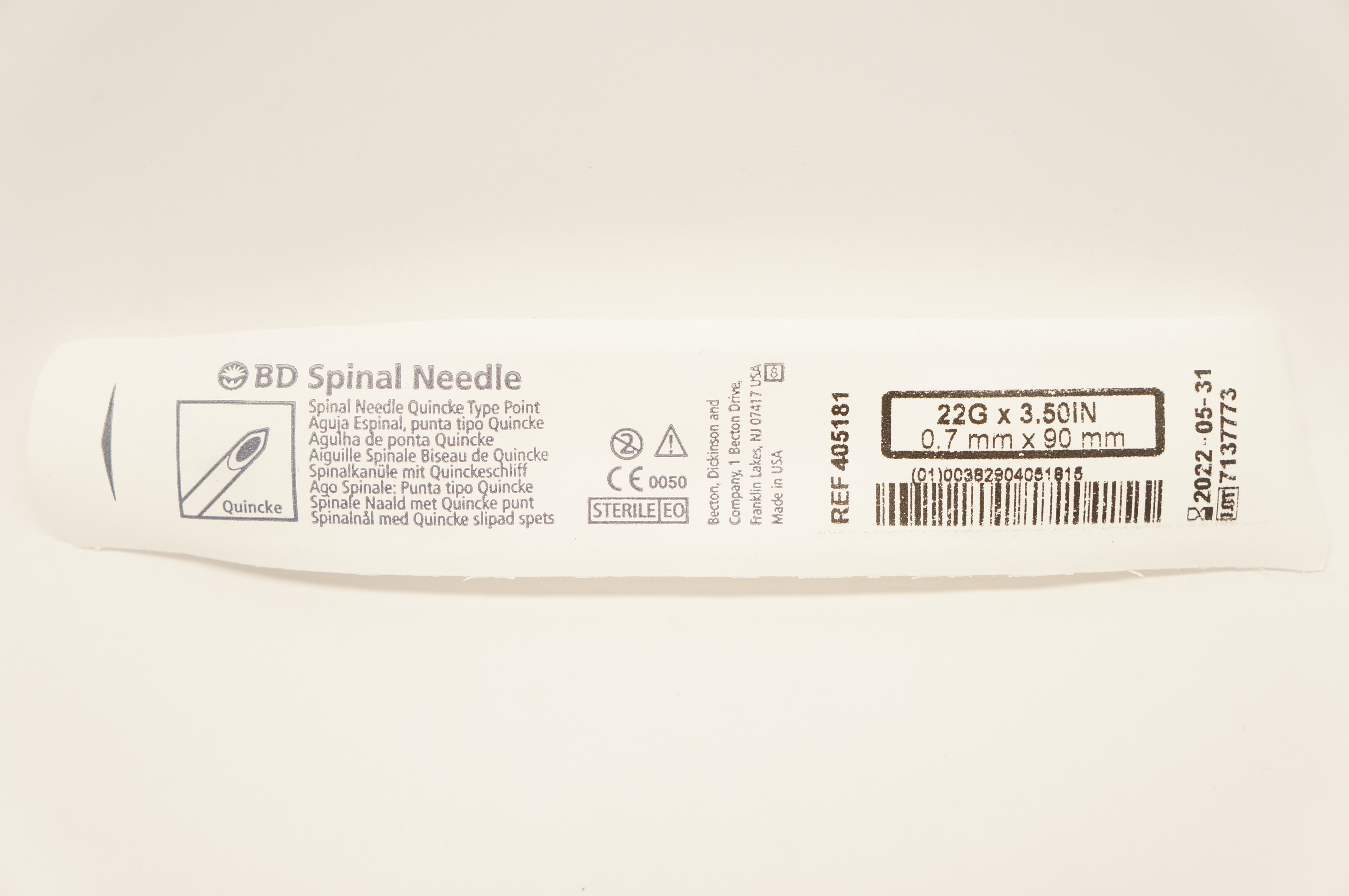BD 405181 Becton Spinal Ndle. Quincke Type Point 22G x 3.50inch