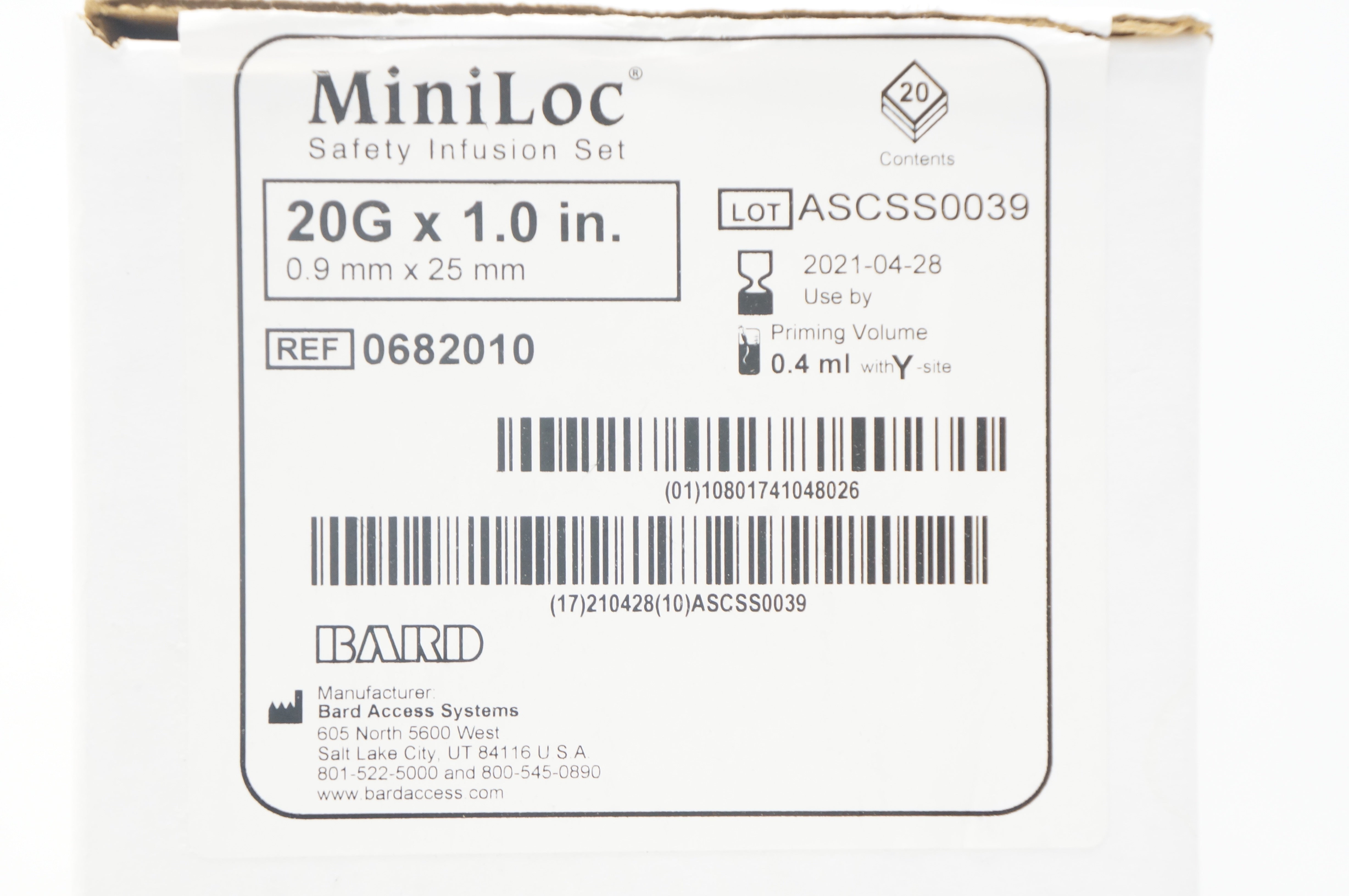 Bard 0682010 MiniLoc Safety Infusion Set 20G x 1.0 inch (x) - Box of 20