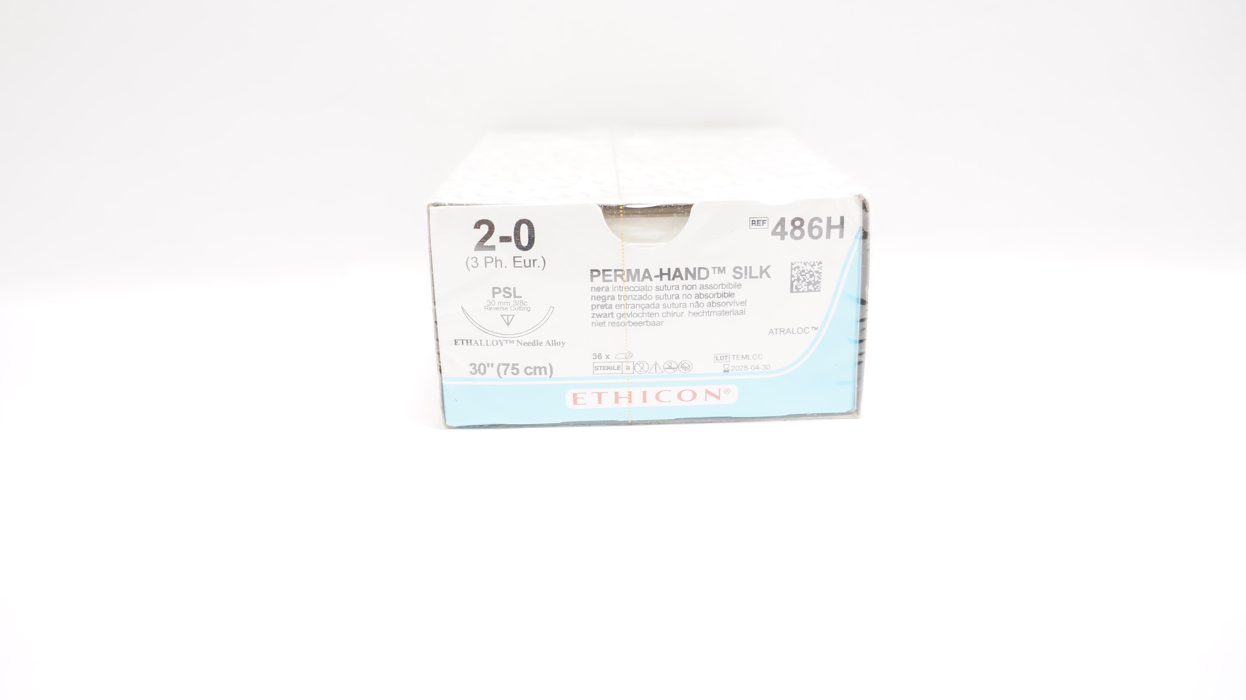 Ethicon 486H 2-0 Perma-Hand Silk PSL 30mm 3/8c Reverse Cutting 30in. - Box of 36