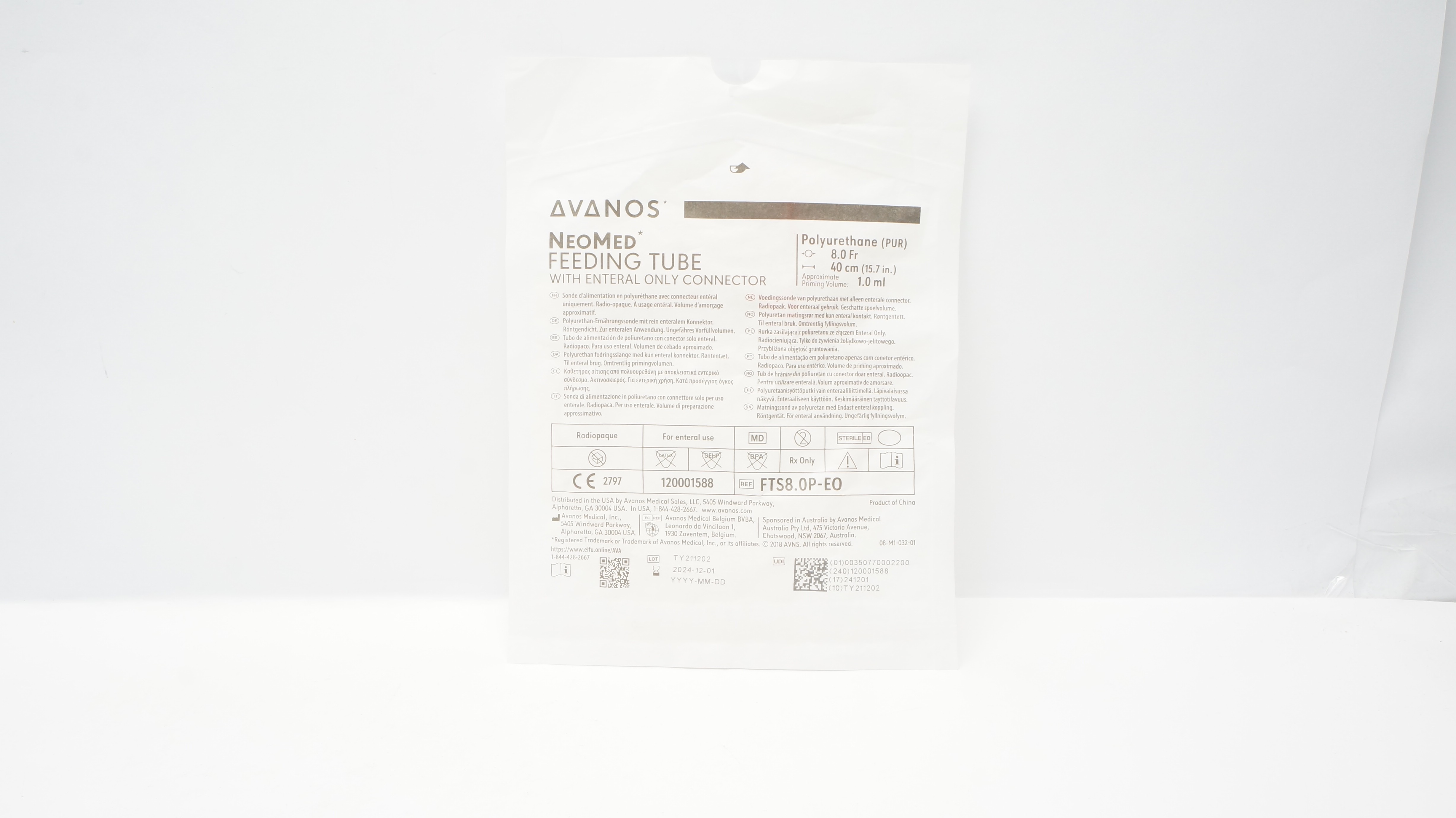 Avanos FTS8.0P-EO NeoMed Feeding Tube w/Connector 8.0Fr x 15.7inch x 1.0cml (x)
