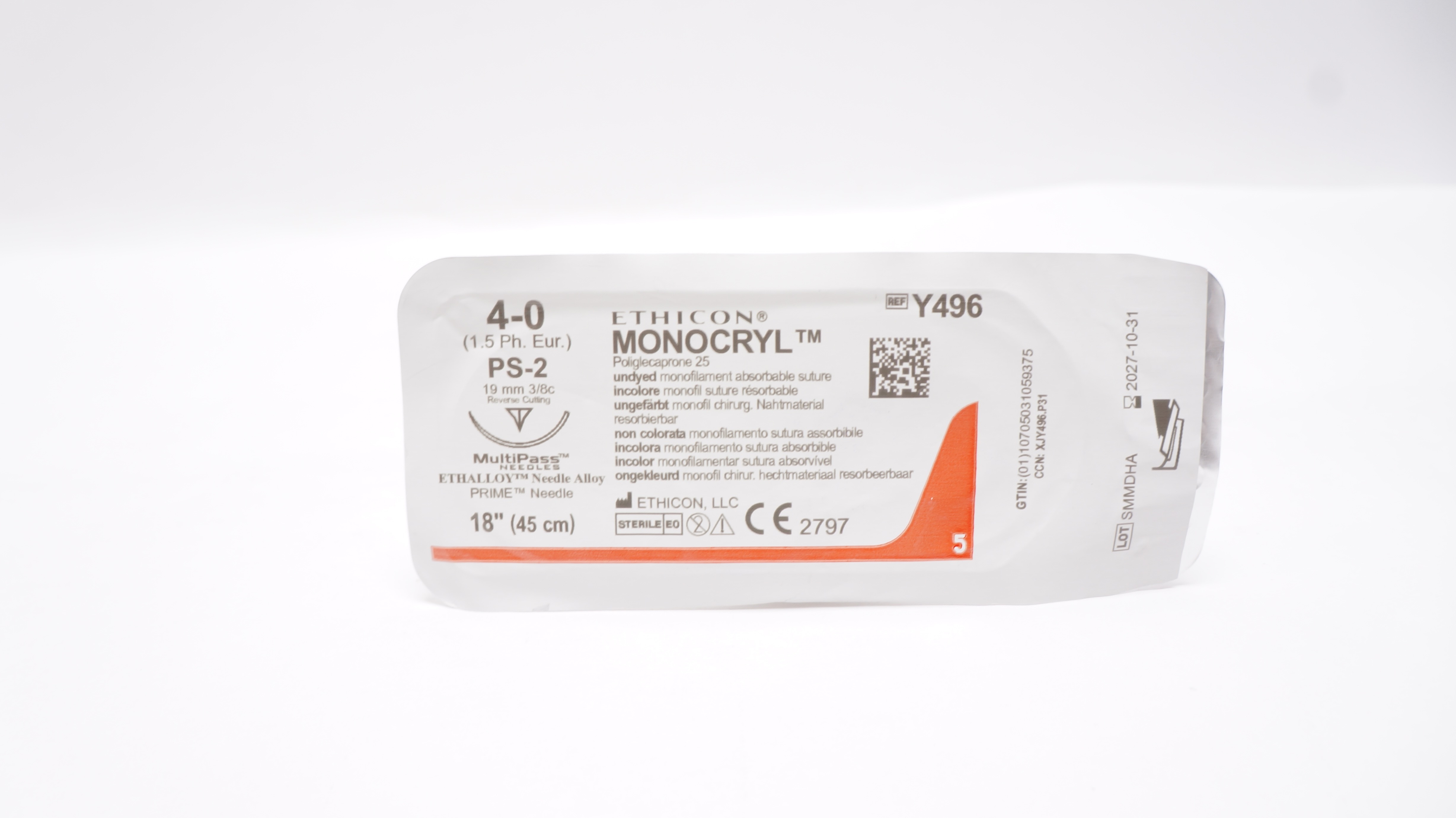 Ethicon Y496 4-0 MONOCRYL Undyed Stre  PS-2 19mm 3/8c Reverse Cutting, 18inch
