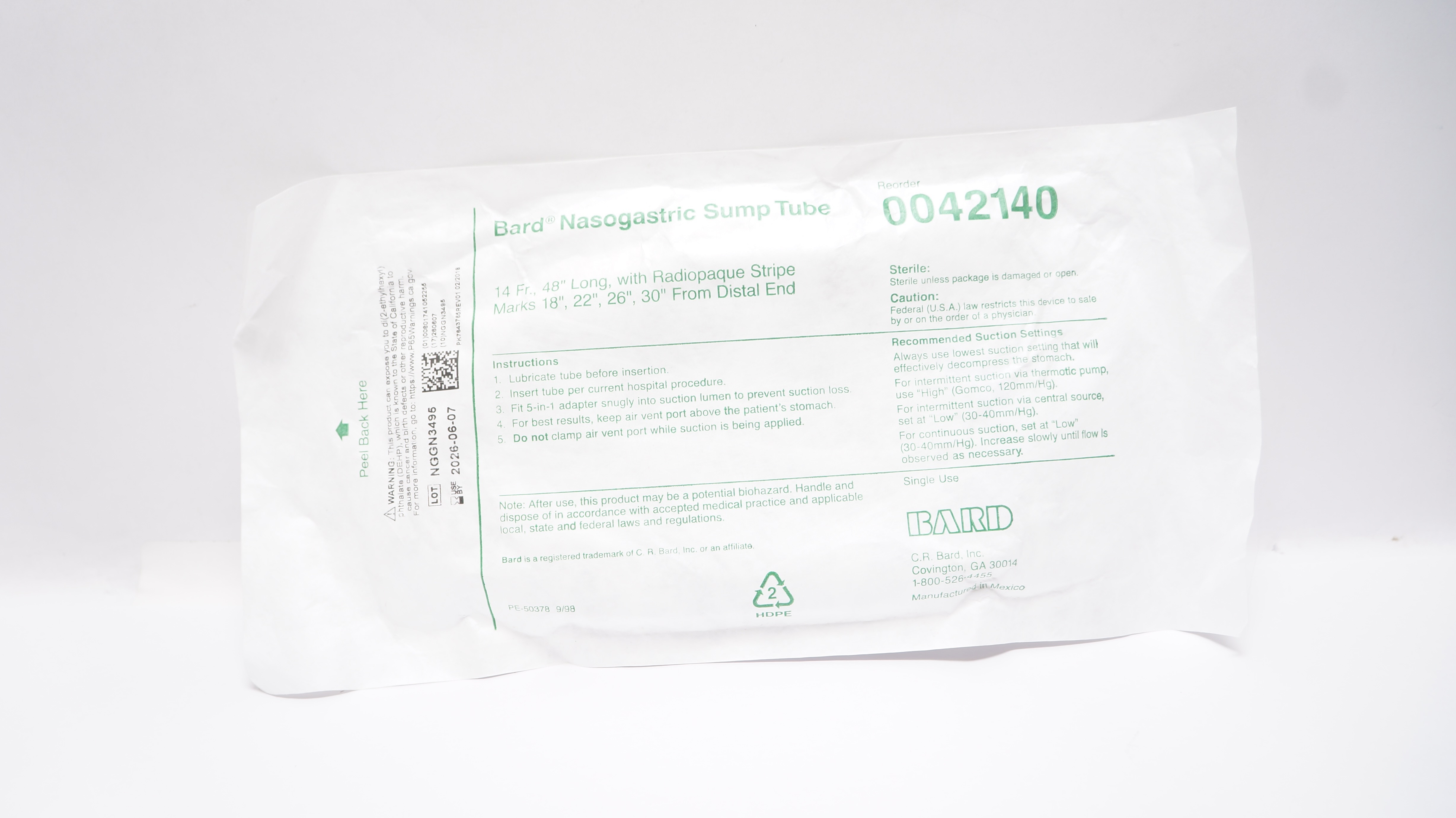 Bard 0042140 Nasogastric Sump Tube with Radiopaque Stripe Marks 14Fr x 48inch