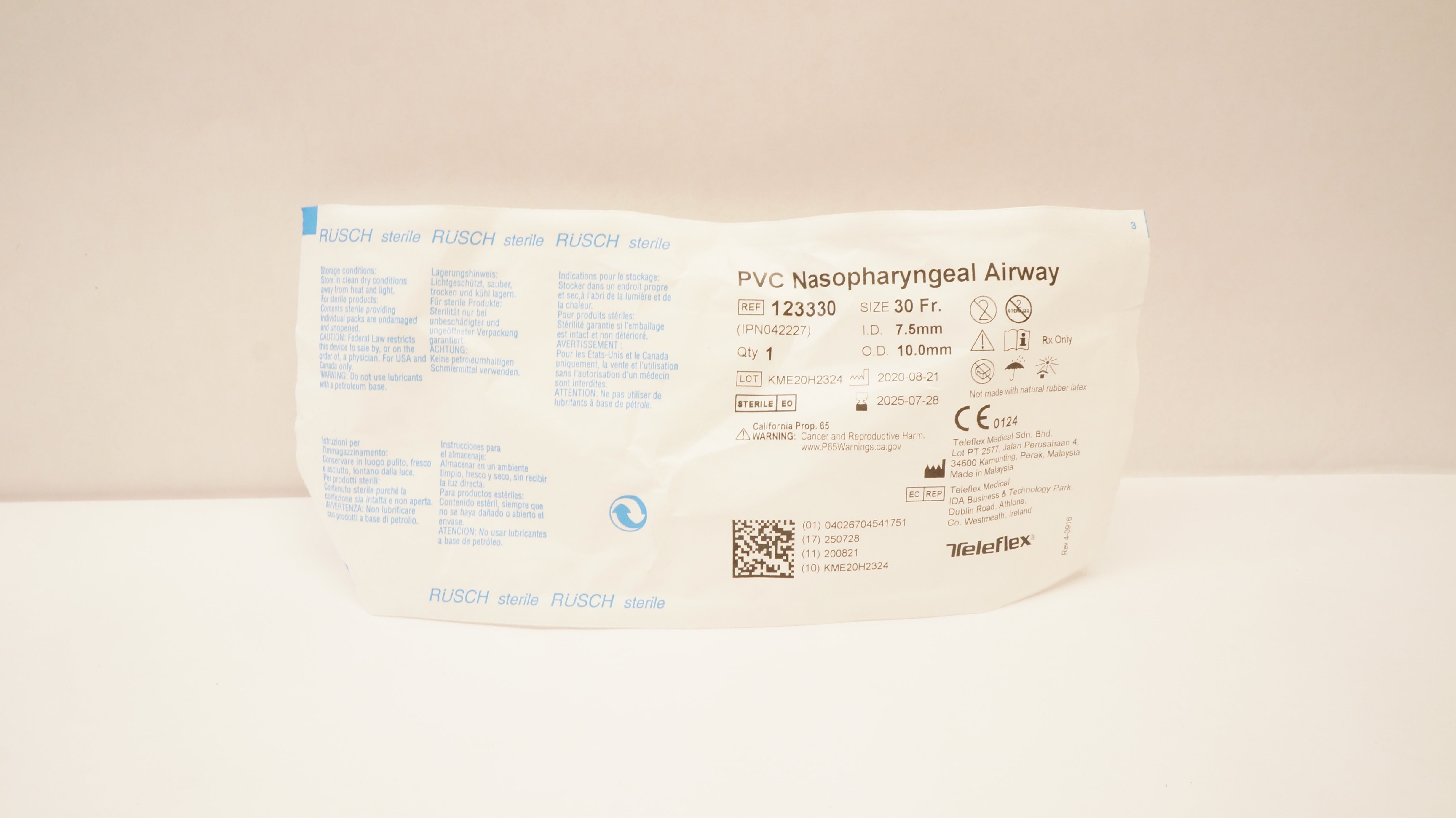 Teleflex 123330 Rusch PVC Nasopharyngeal Airway 30 Fr x 7.5mm I.D. x 10.0mm O.D.