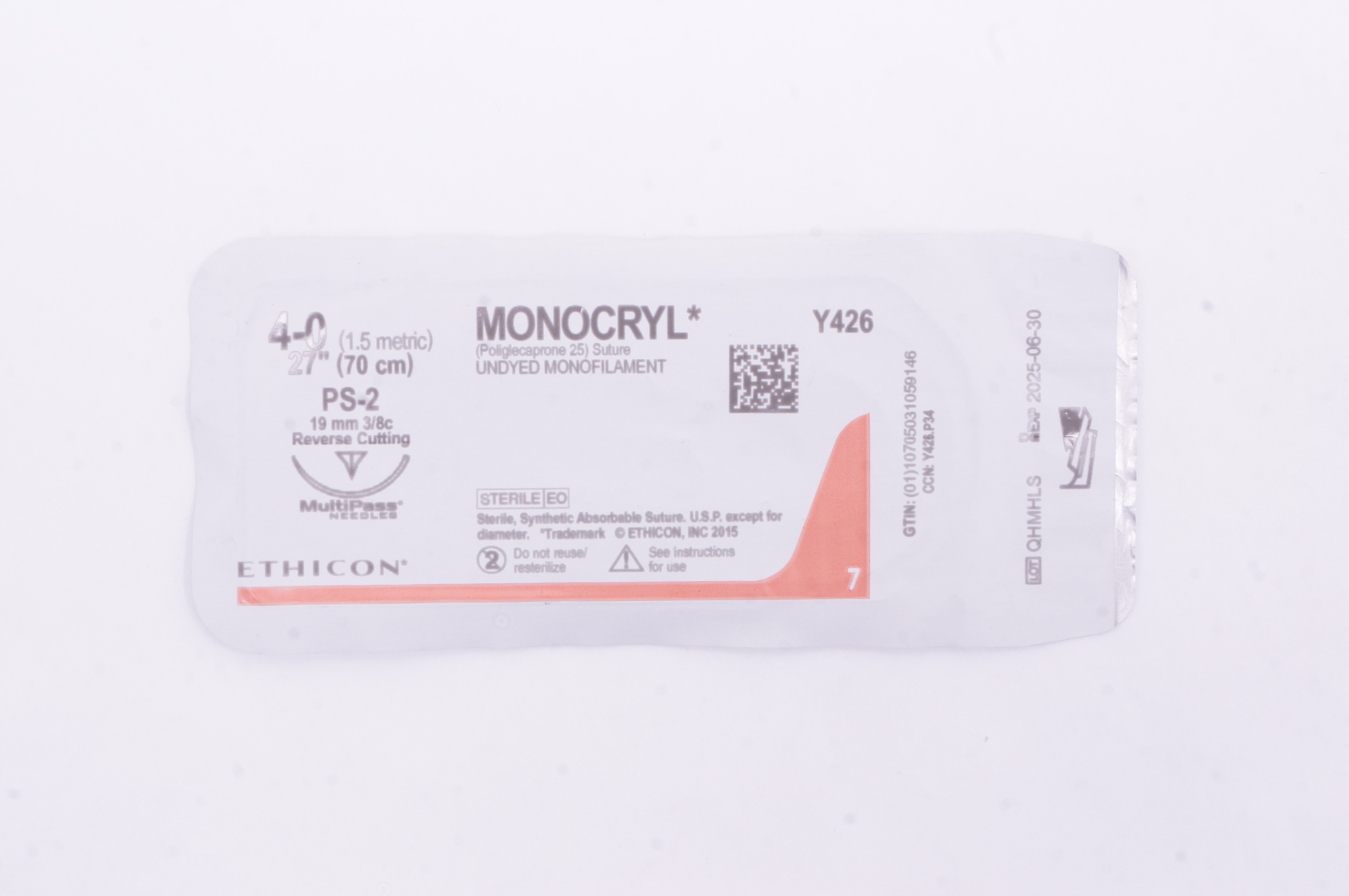Ethicon Y426 4-0 MONOCRYL Undyed S-2 19mm 3/8c Reverse Cutting, 27inch