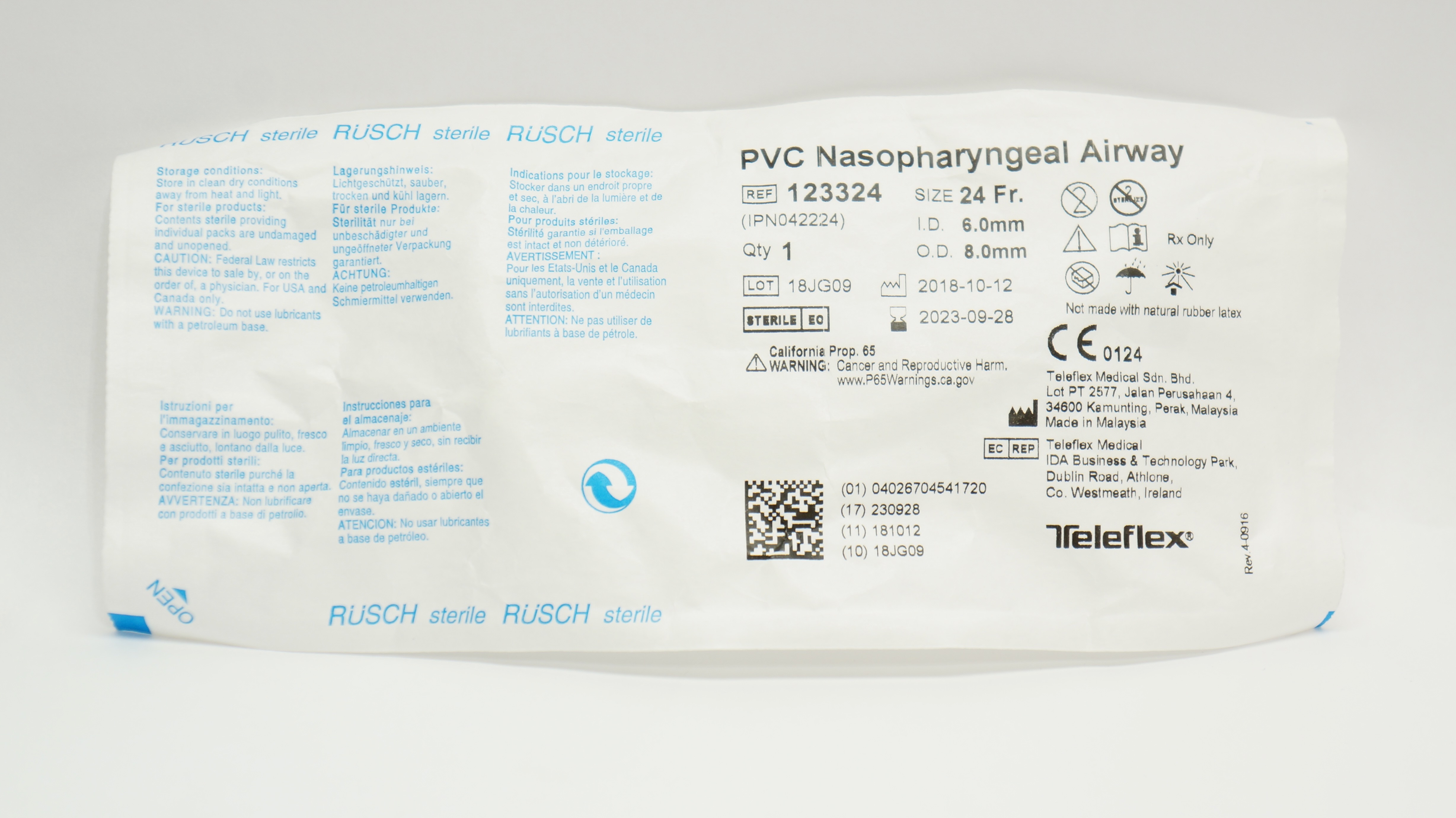 Teleflex 123324 Rusch PVC Nasopharyngeal Airway 24 Fr x 6.0mm ID x 8.0mm OD (x)
