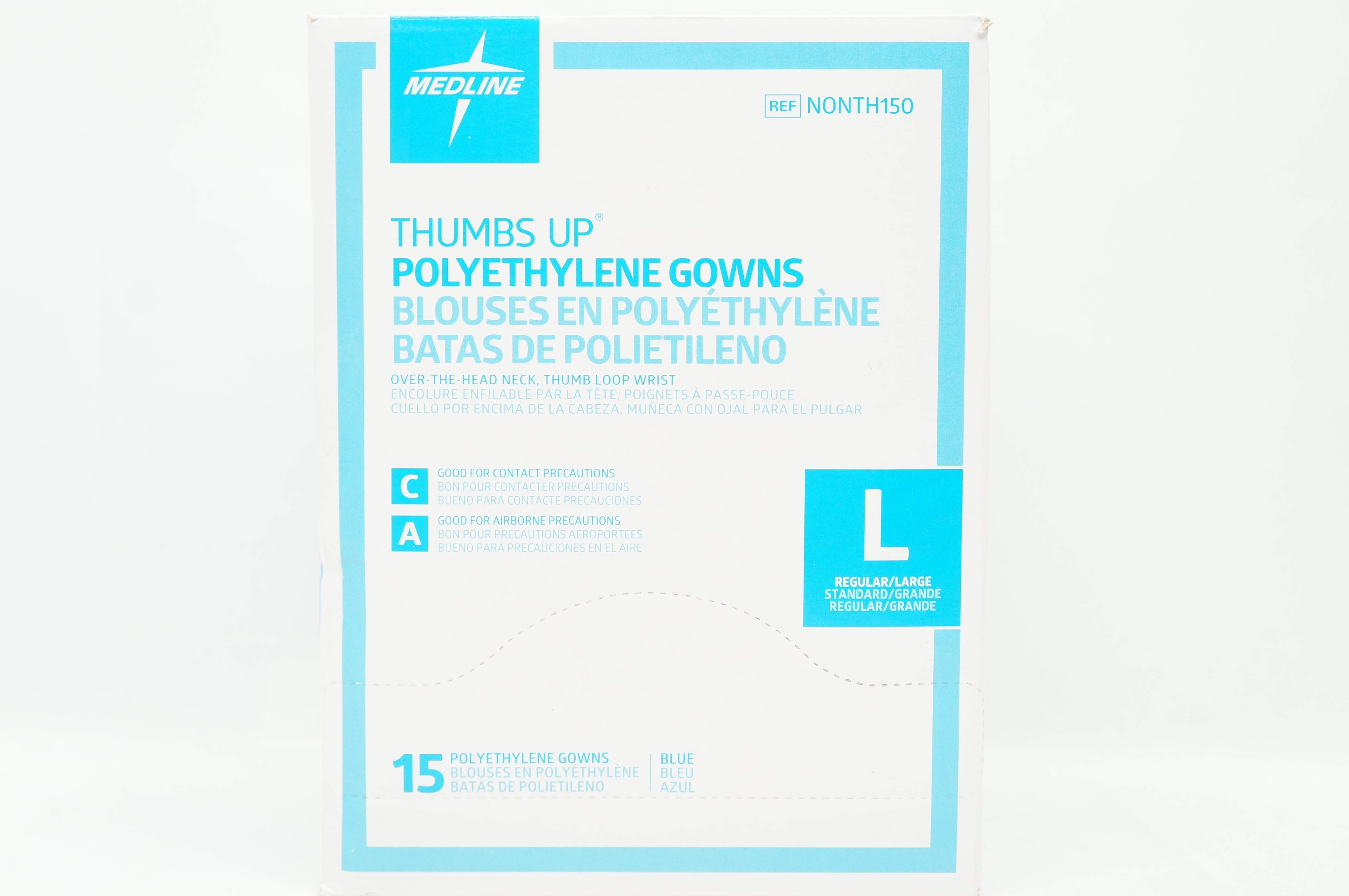 Medline NONTH150 Thumbs Up Polyethylene Gowns, Regular Large, Blue - Box of 15