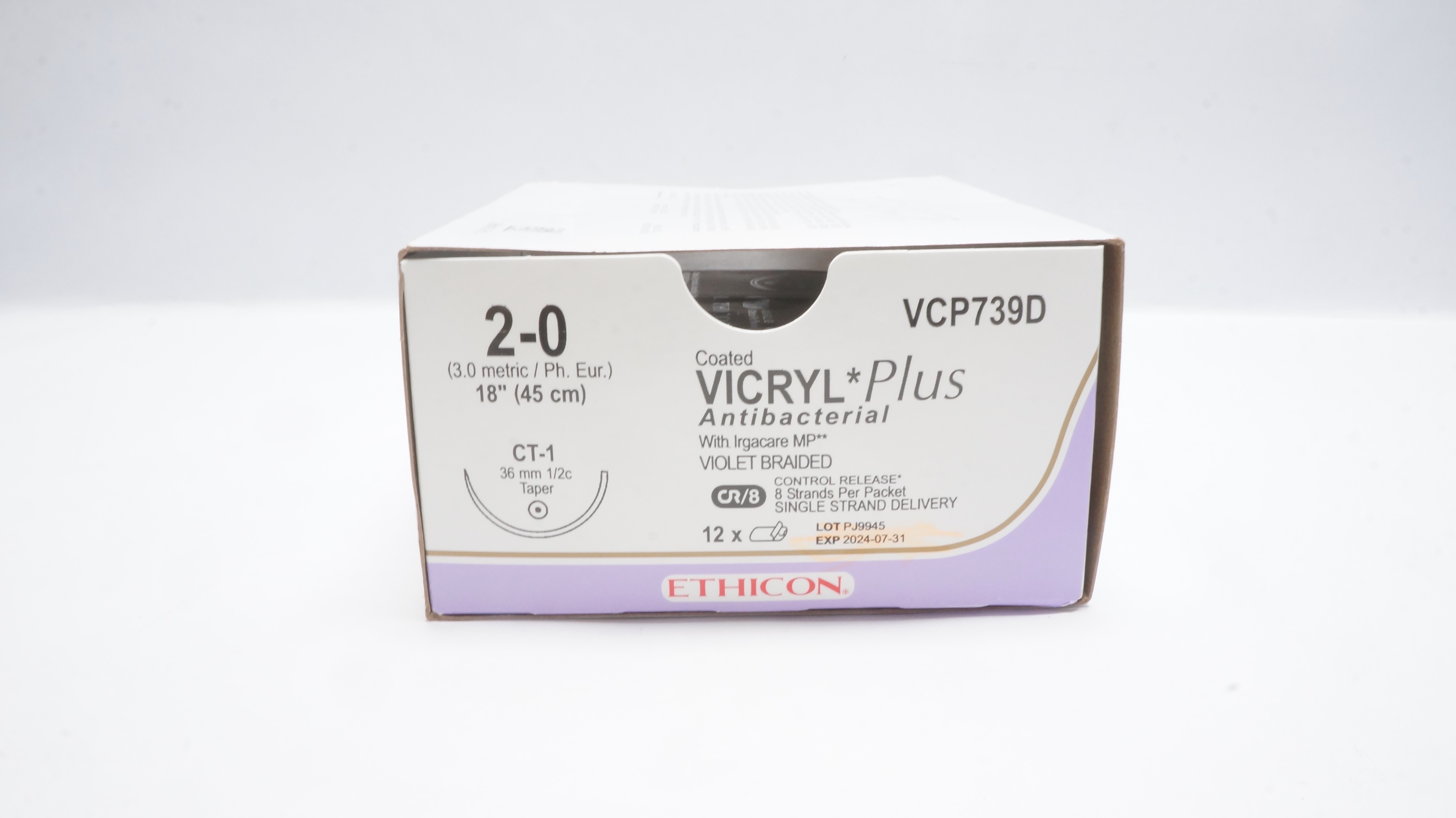 Ethicon VCP739D 2-0 VICRYL Plus Stre CT-1 36mm 1/2c Taper 18inch (x) - Box of 9