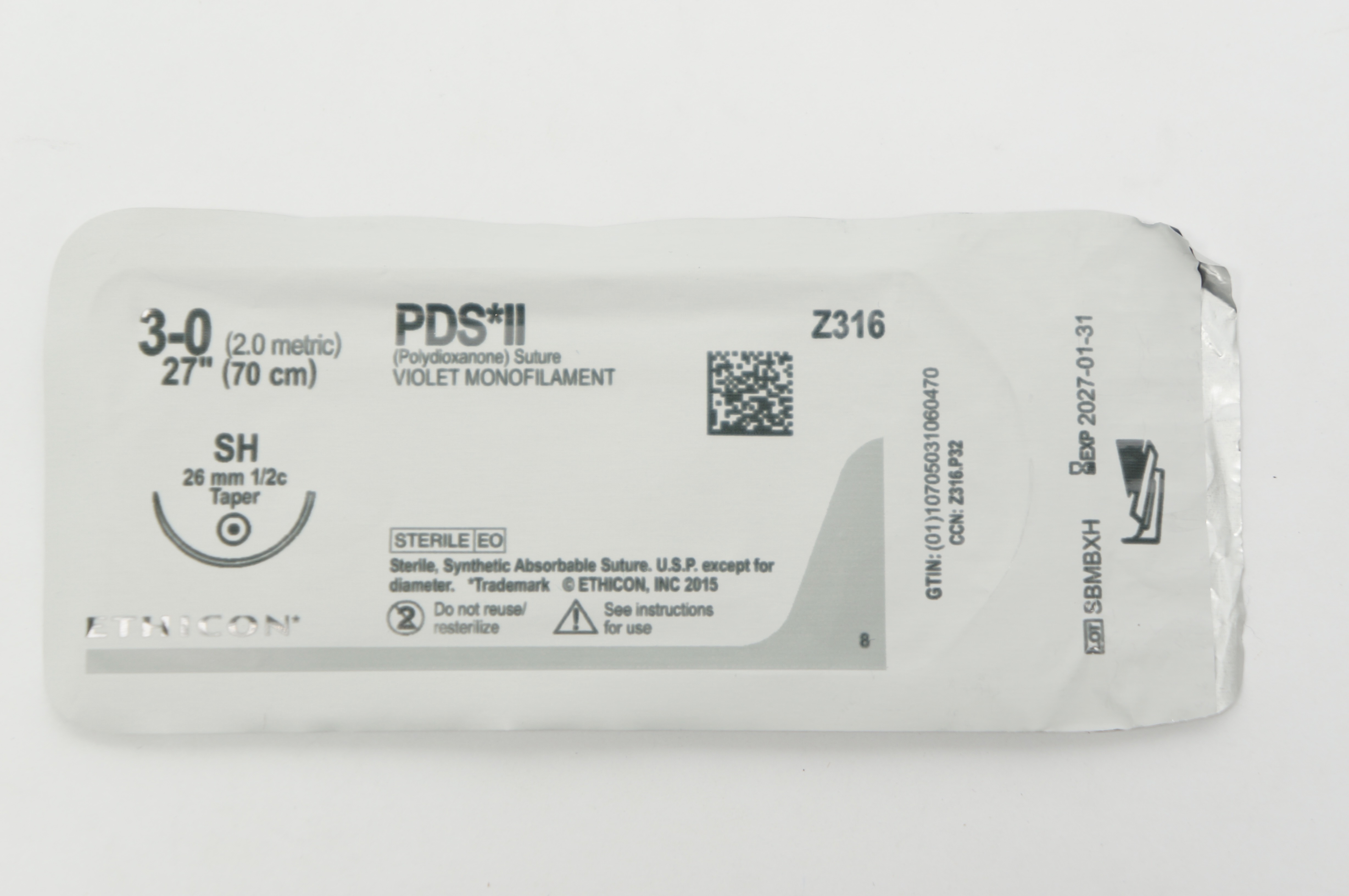 Ethicon Z316 3-0 PDS II Violet Monofilament Stre SH 26mm 1/2c Taper 27inch