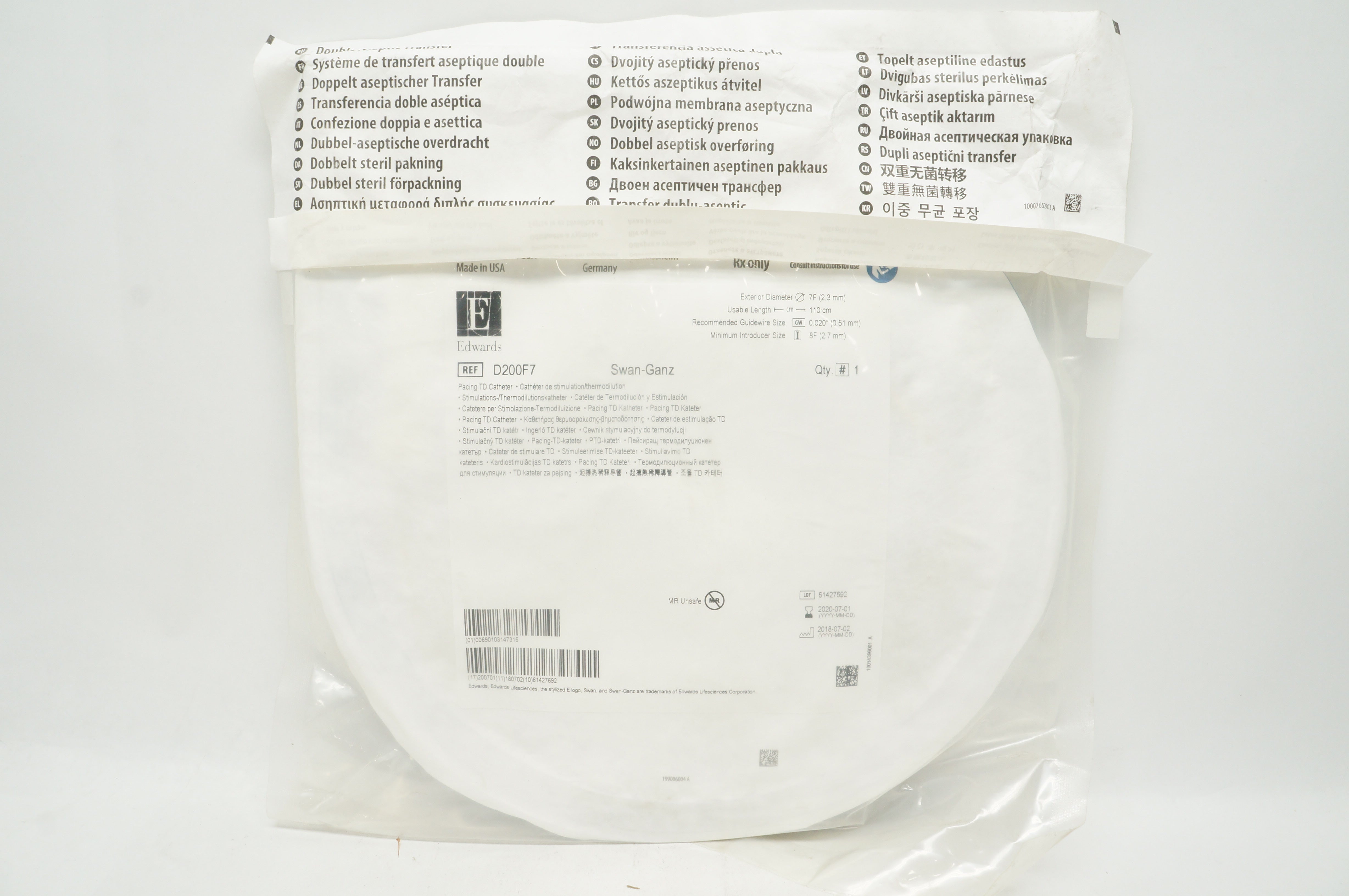 Edwards Lifesciences D200F7 Swan-Ganz Pacing TD Cath. 7Fx 0.020inchx110cmx 8F(x)