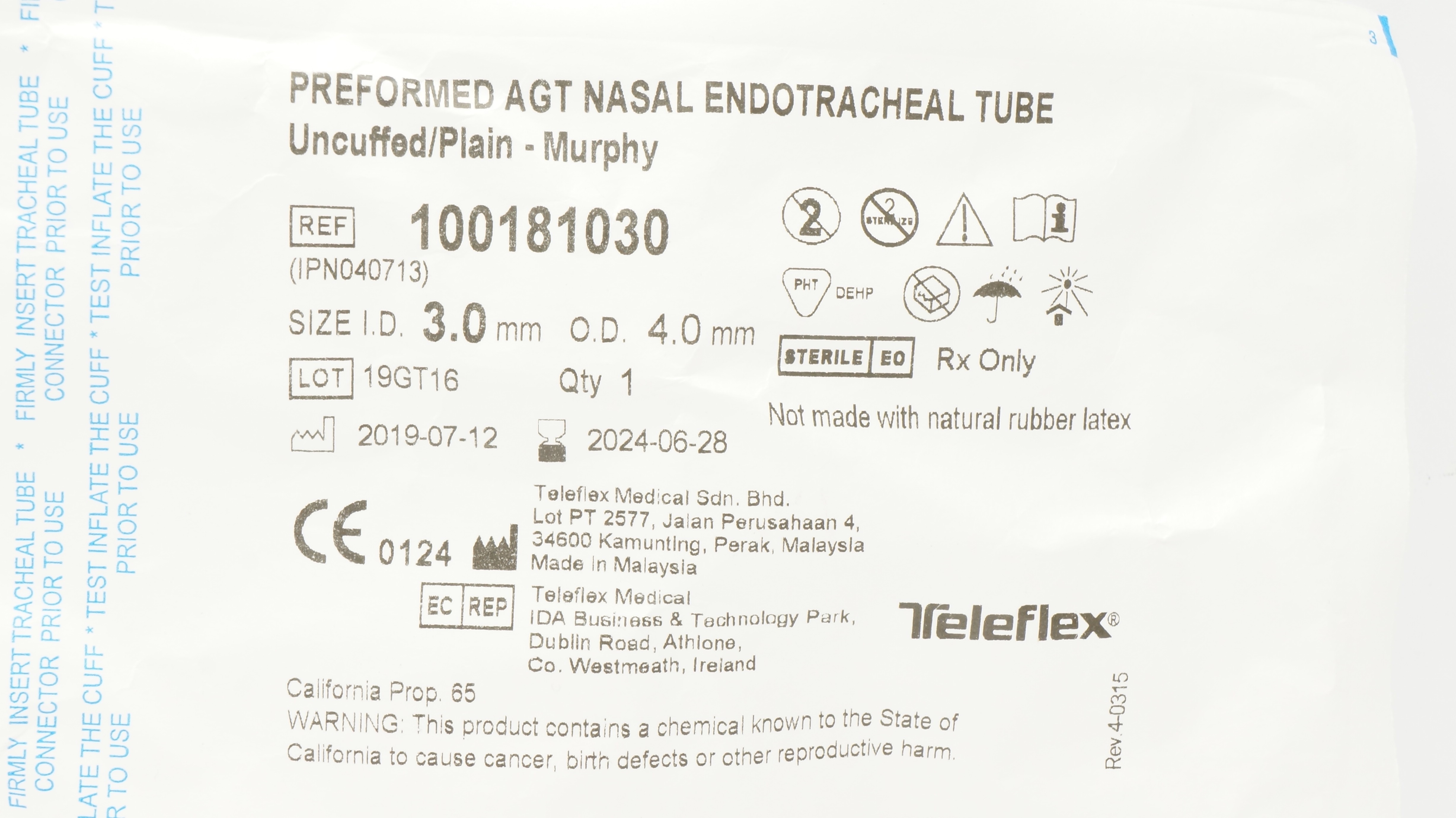 Teleflex 100181030 Preformed AGT Nasal Endotracheal Tube 3.0ID x 4.0mmOD (x)