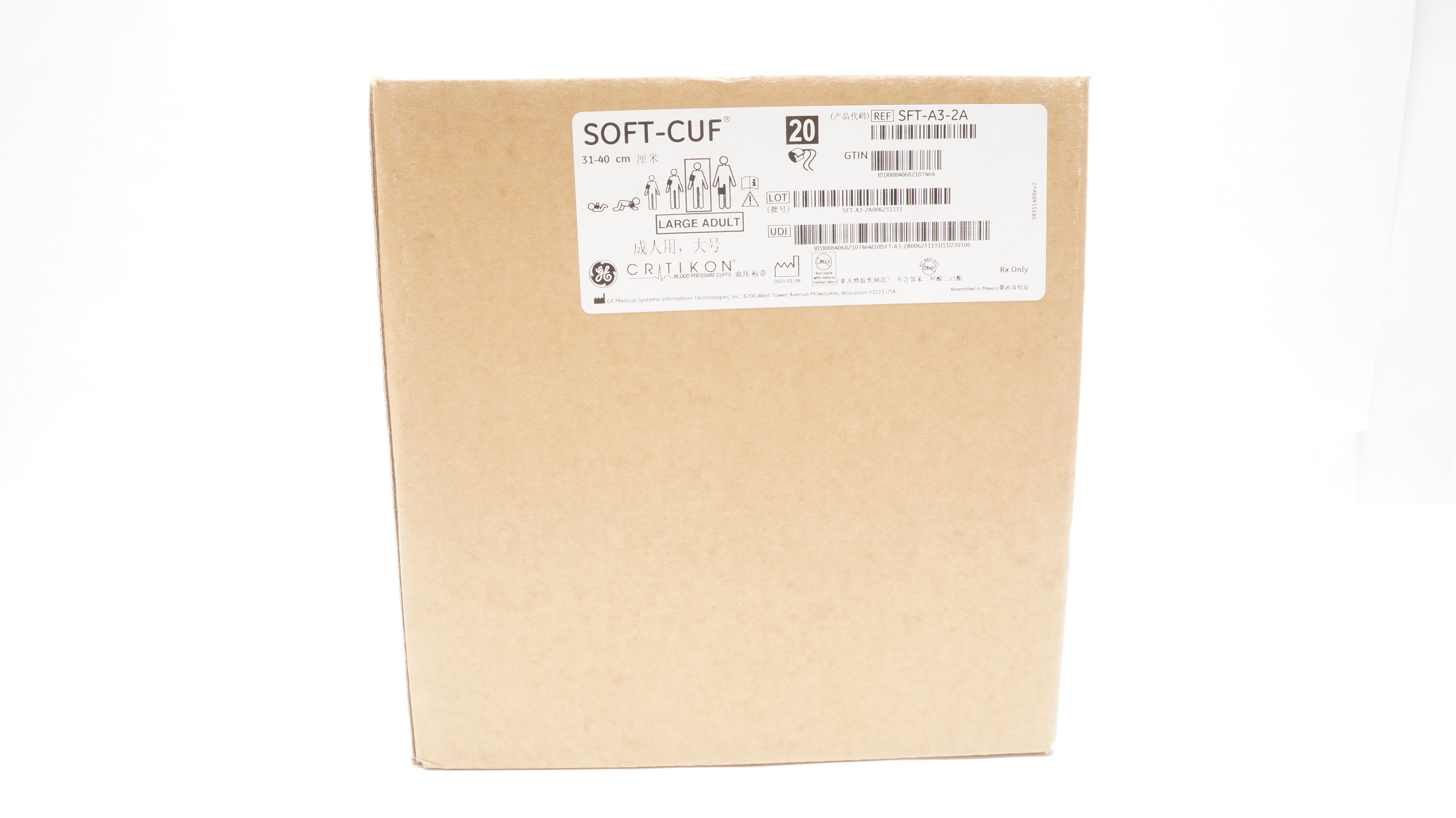 GE SFT-A3-2A Critikon Blood Pressure Cuff SOFT-CUF Adult 31-40cm - Case of 20