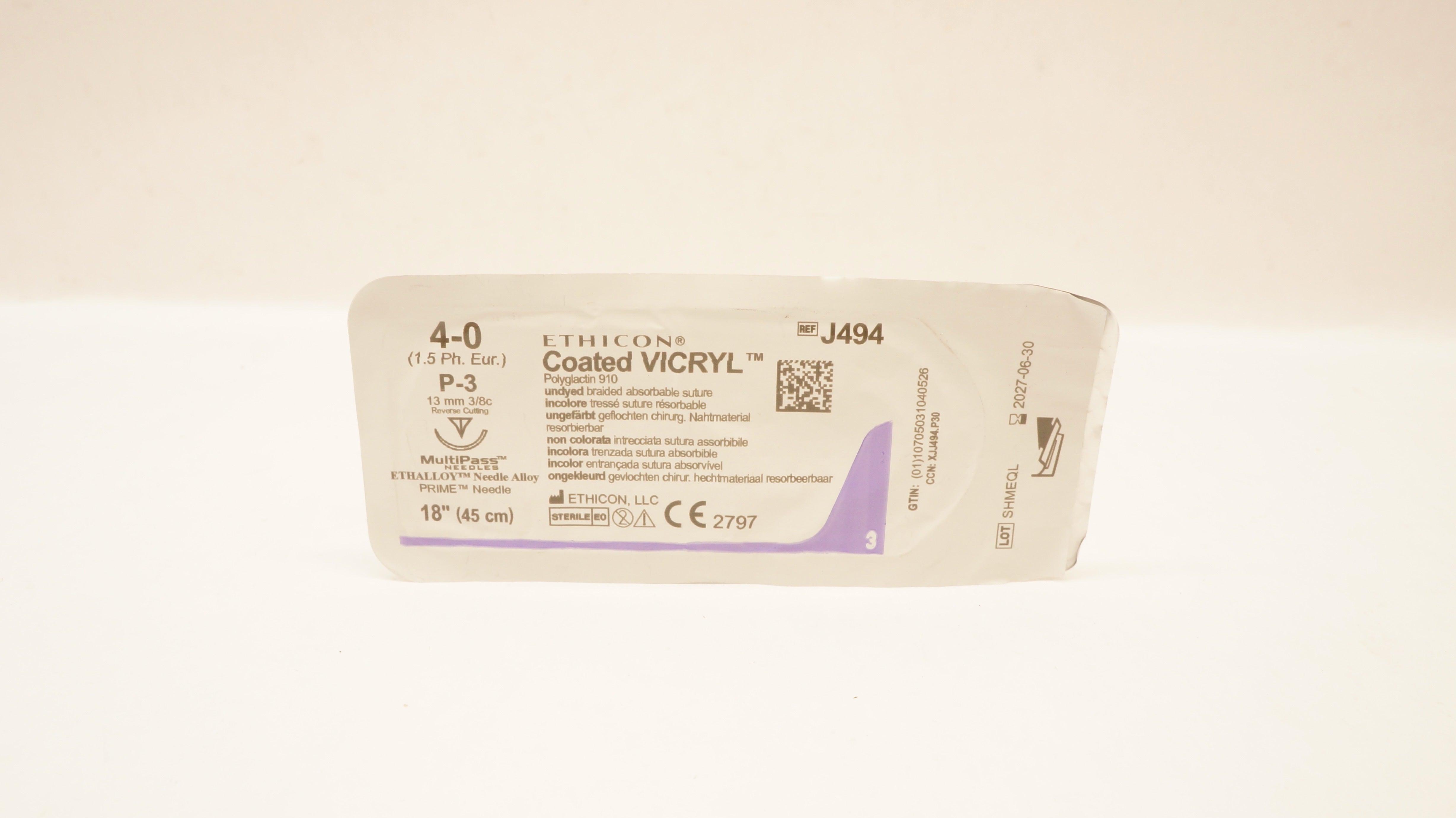 Ethicon J494 4-0 Coated Vicryl, P-3, 13mm 3/8c Reverse Cutting, 18inch