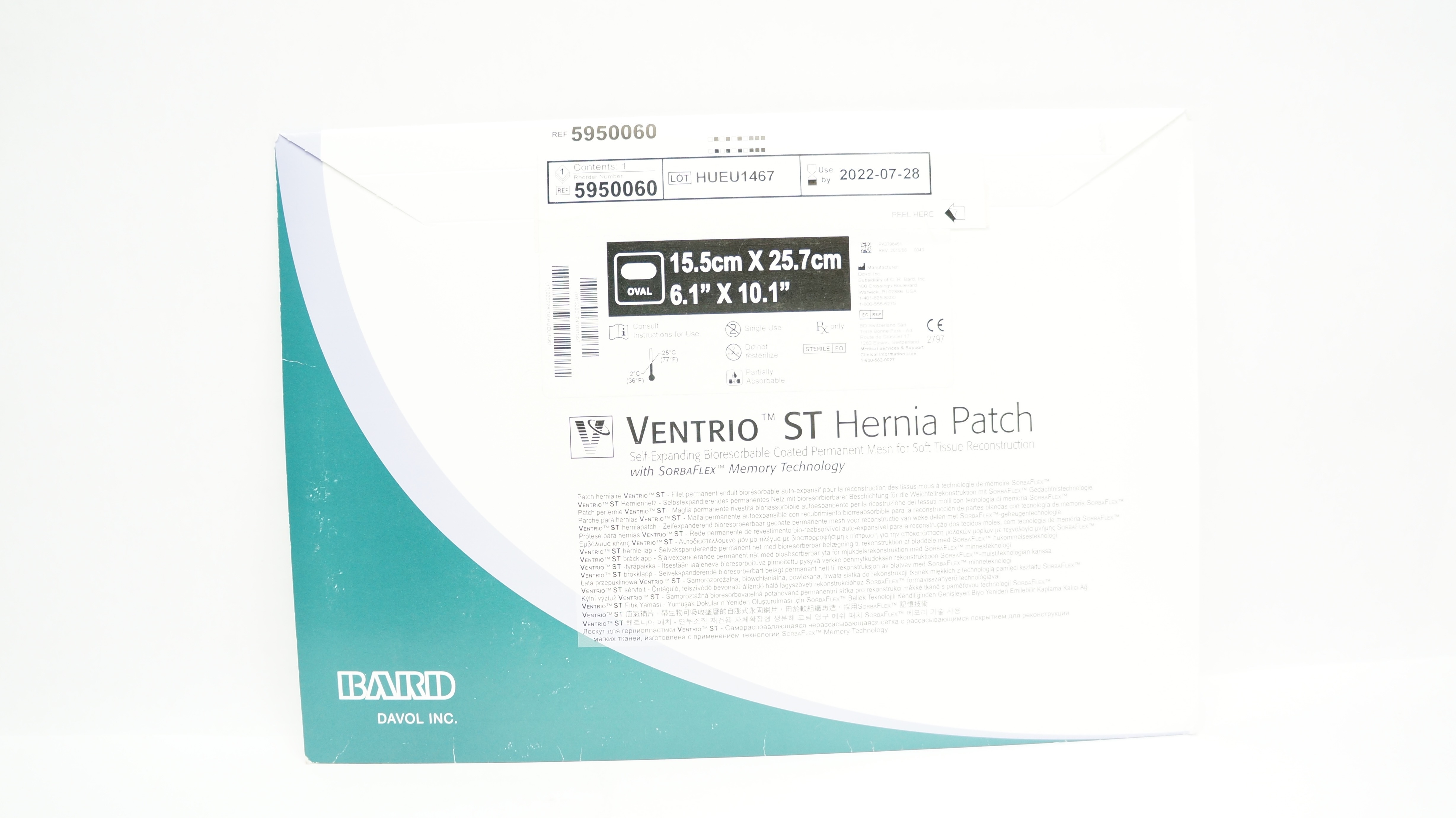 Bard 5950060 Davol Ventrio ST Hernia Patch 6.1 x 10.1inch (x)