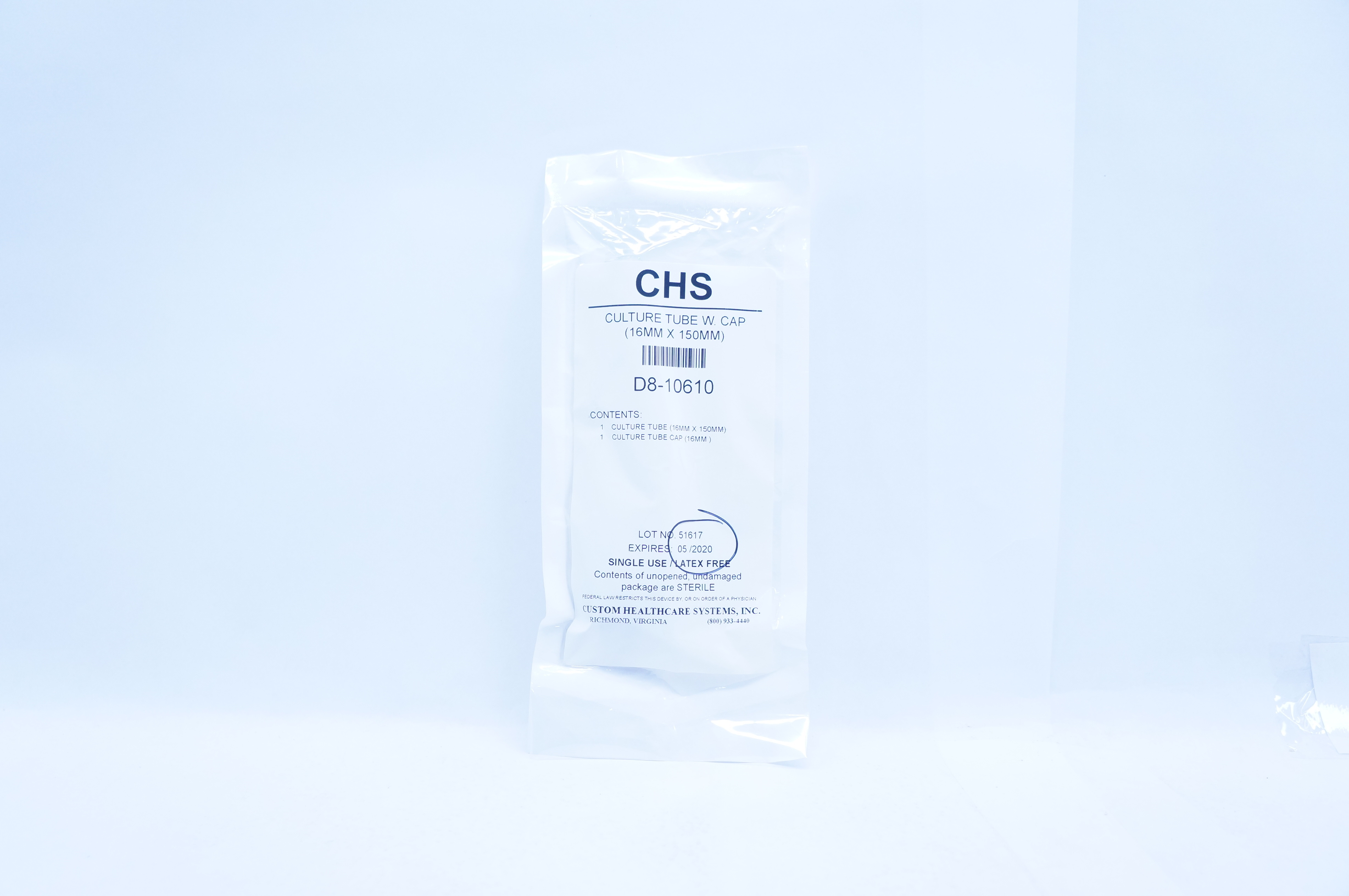 CHS D8-10610 Culture Tube W. Cap 16 mm x 150 mm