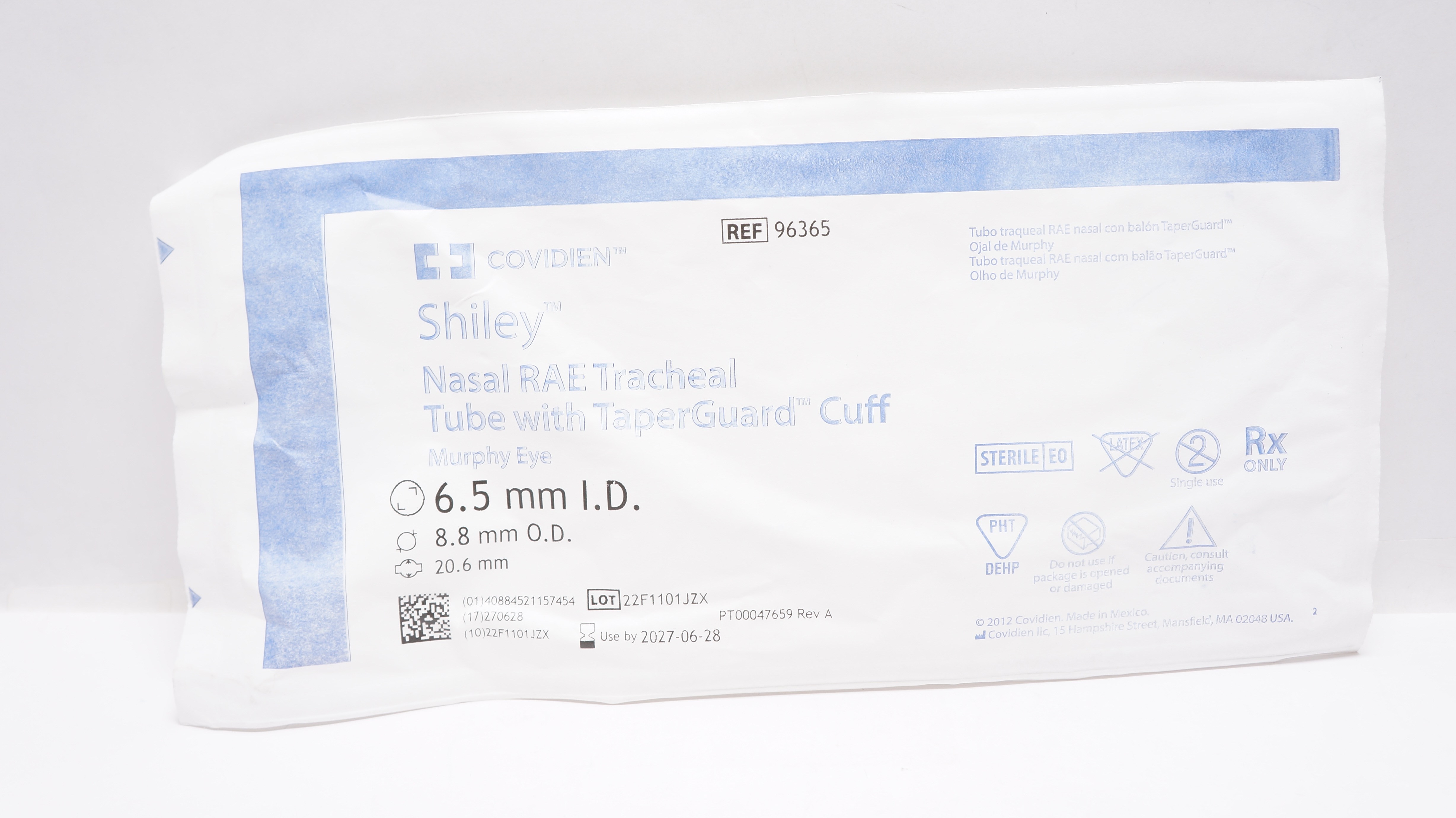 Covidien 96365 Shiley Nasal Rae Tracheal Tube with Cuff 6.5 ID x 8.8 OD x 20.6mm