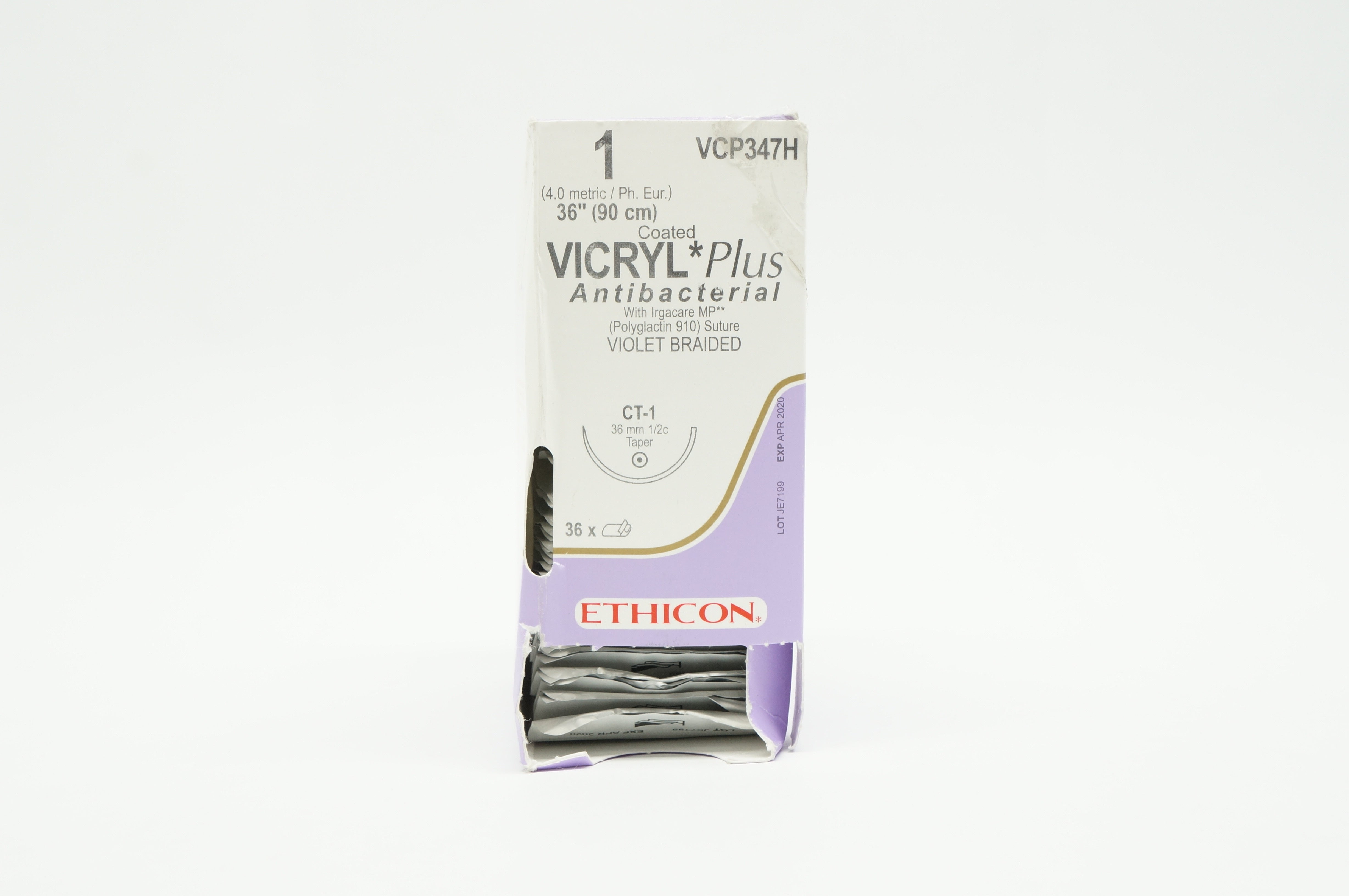 Ethicon VCP347H 1 Coated VICRYL Plus CT-1 36mm 1/2c Taper 36inch (x) - Box of 36