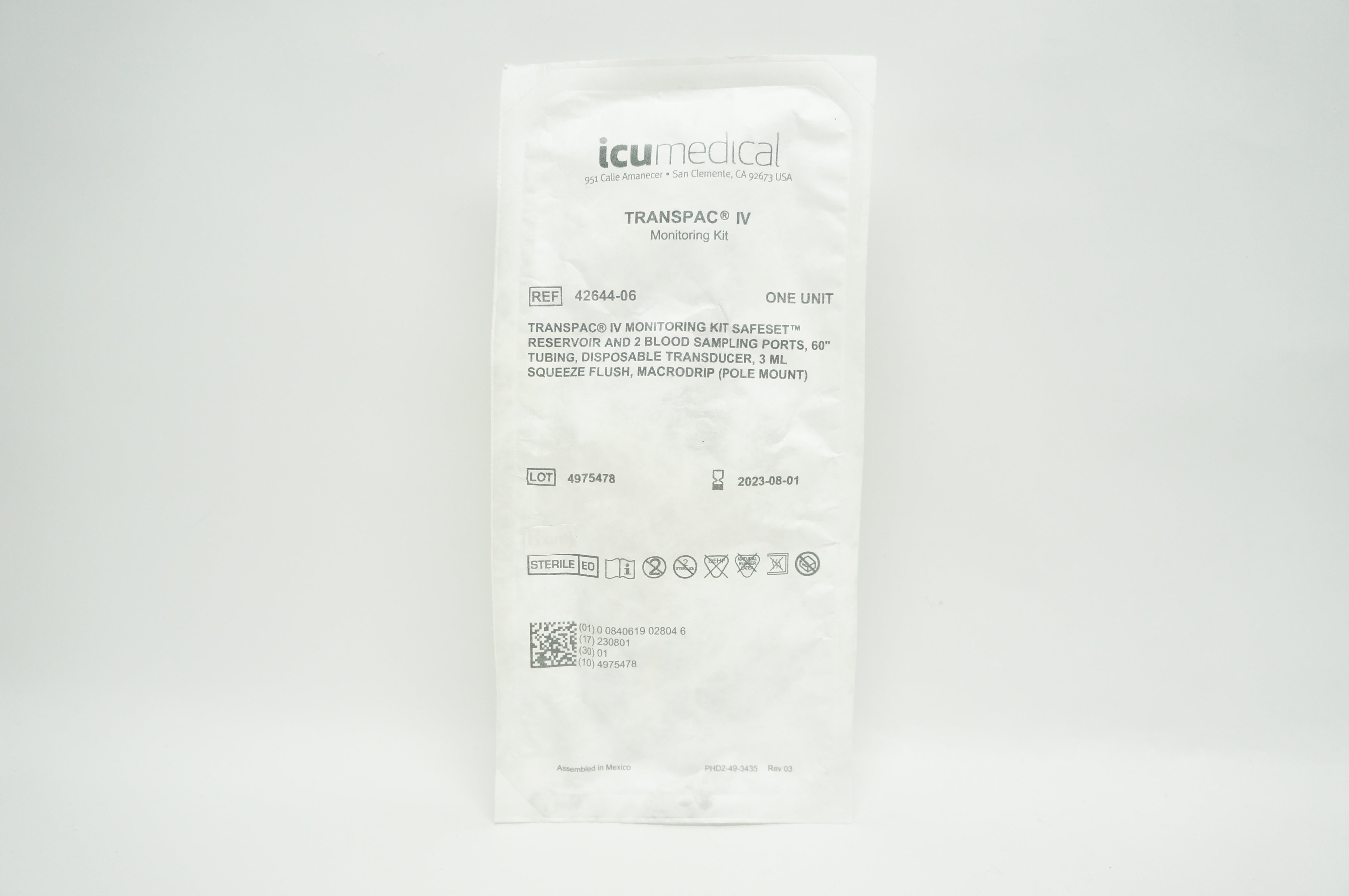 ICU Medical 42644-06 Transpac IV Monitoring Kit 60 inch x 3 ml