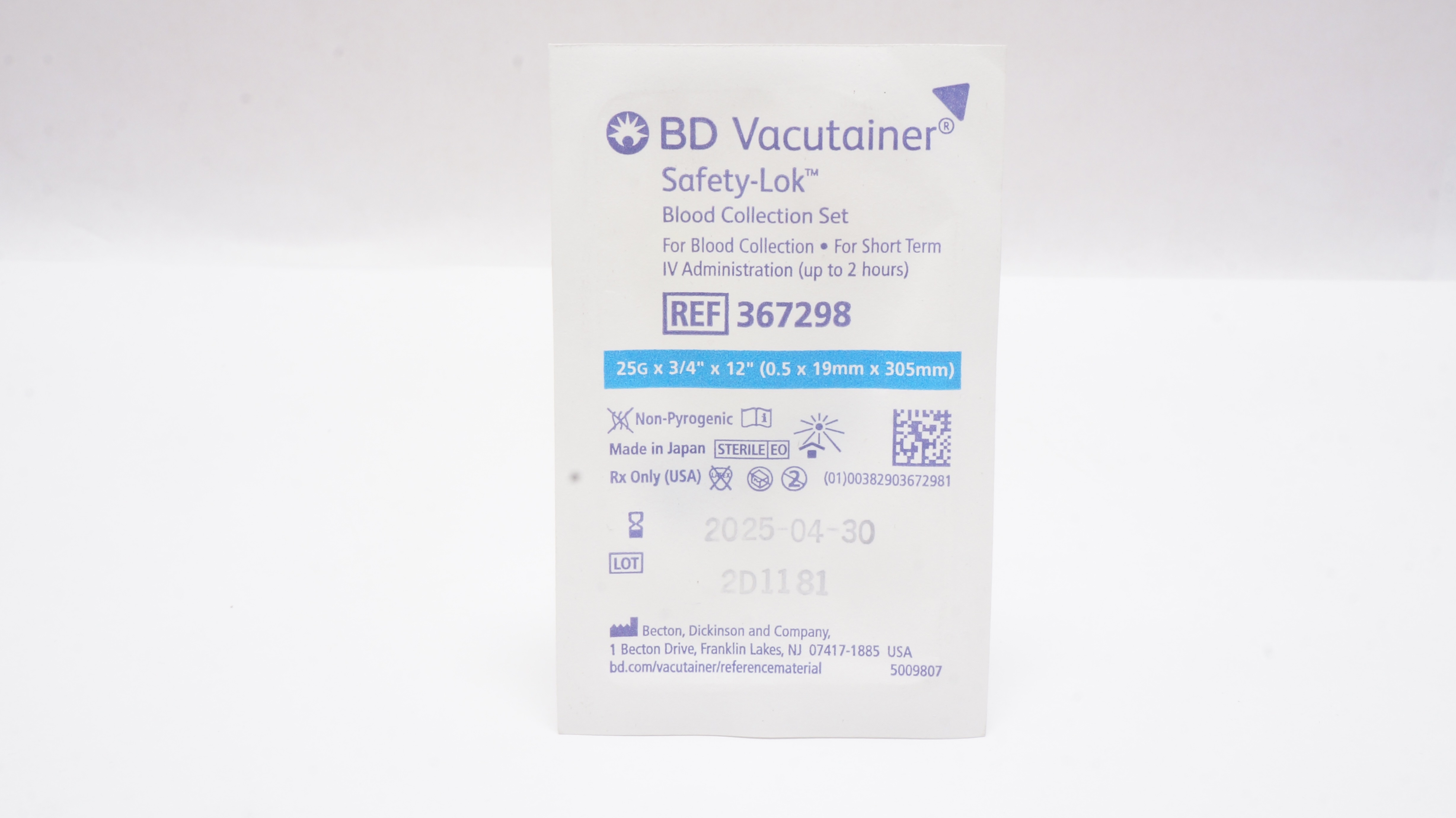 BD 367298 Vacutainer Safety-Lok Blood Collection Set 25G x 3/4inch x 12inch