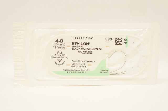 Ethicon 699 4-0  Ethilon Nylon, P-3, 13mm 3/8c Reverse Cutting, 18inch (x)