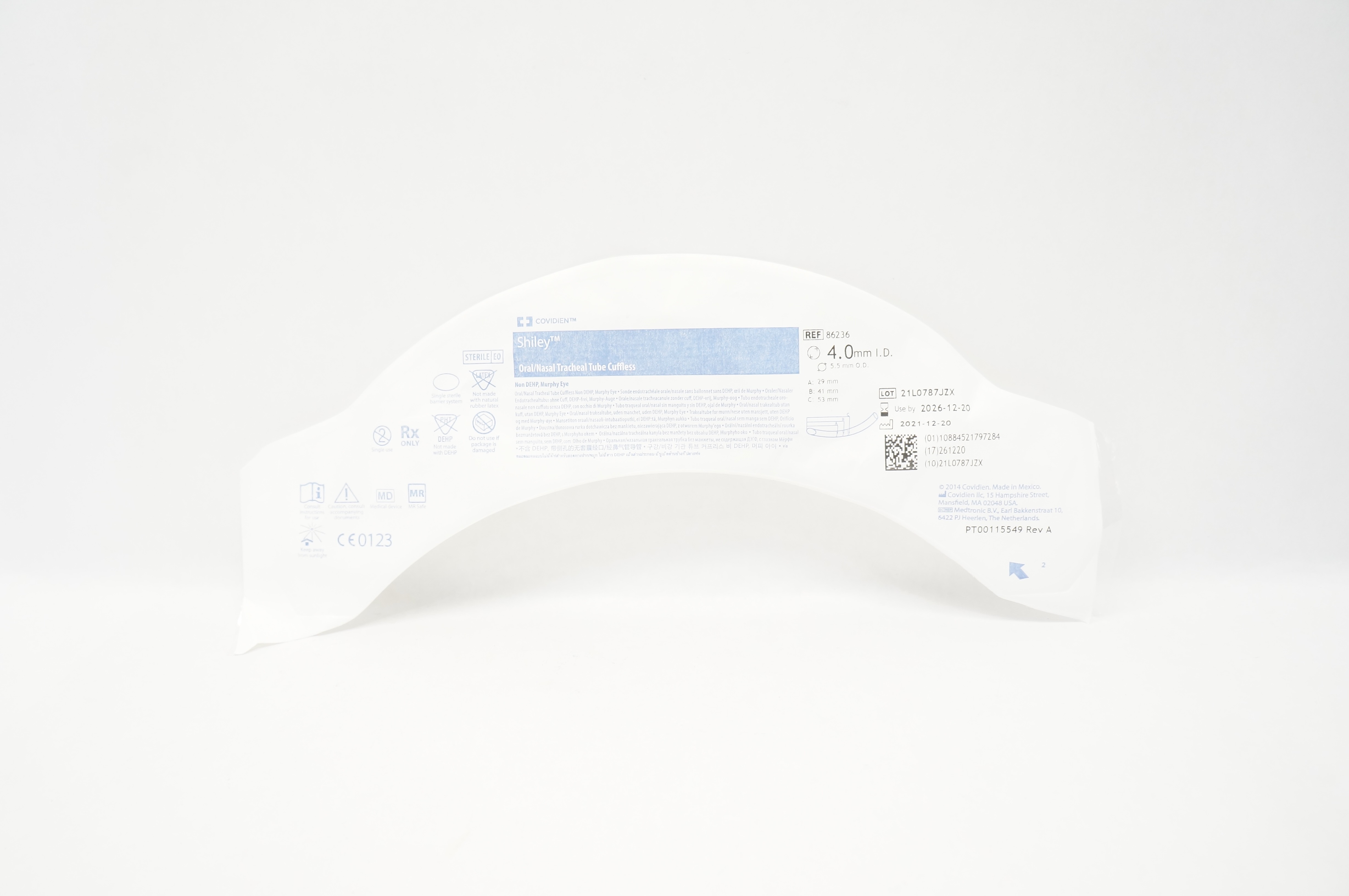 Covidien 86236 Shiley Oral/Nasal Tracheal Tube Cuffless 4.0m ID x 5.5mm OD