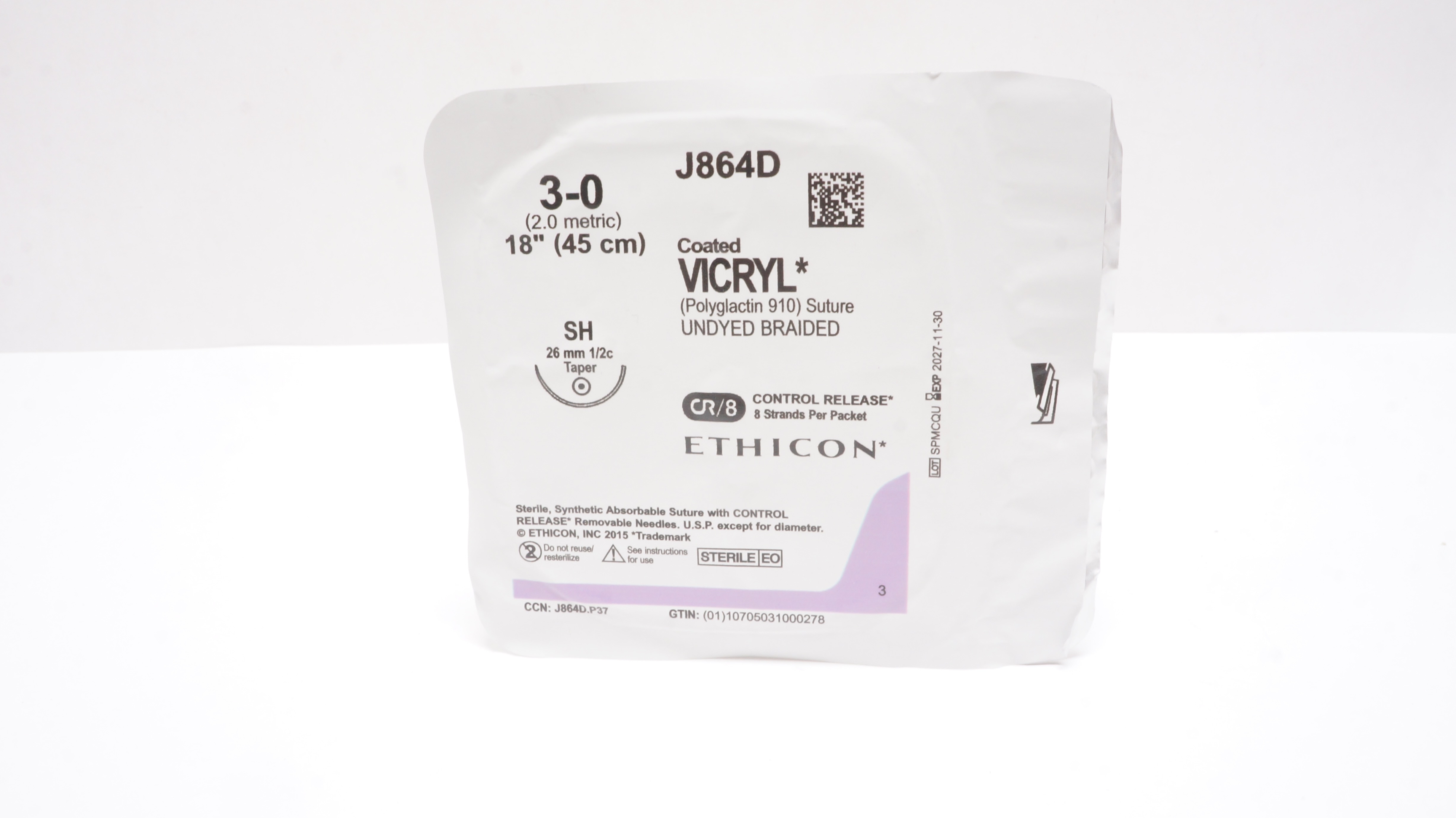Ethicon J864D 3-0 Coated VICRYL Undyed Braided Stre SH 26mm 1/2c Taper 18inch