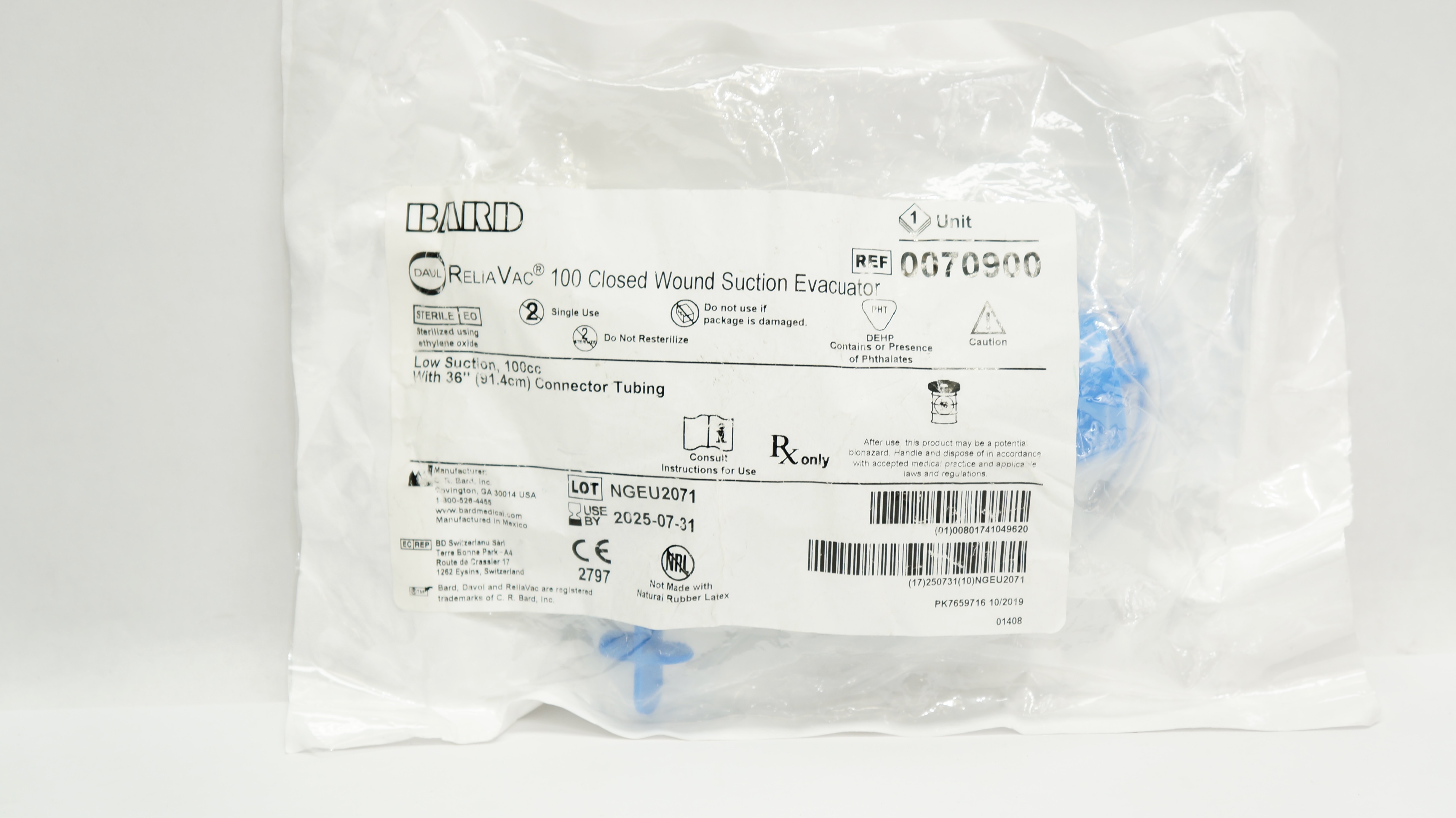Bard 0070900 ReliaVac 100 Closed Wound Suction Evacuator 100cc w/Tubing 36inch
