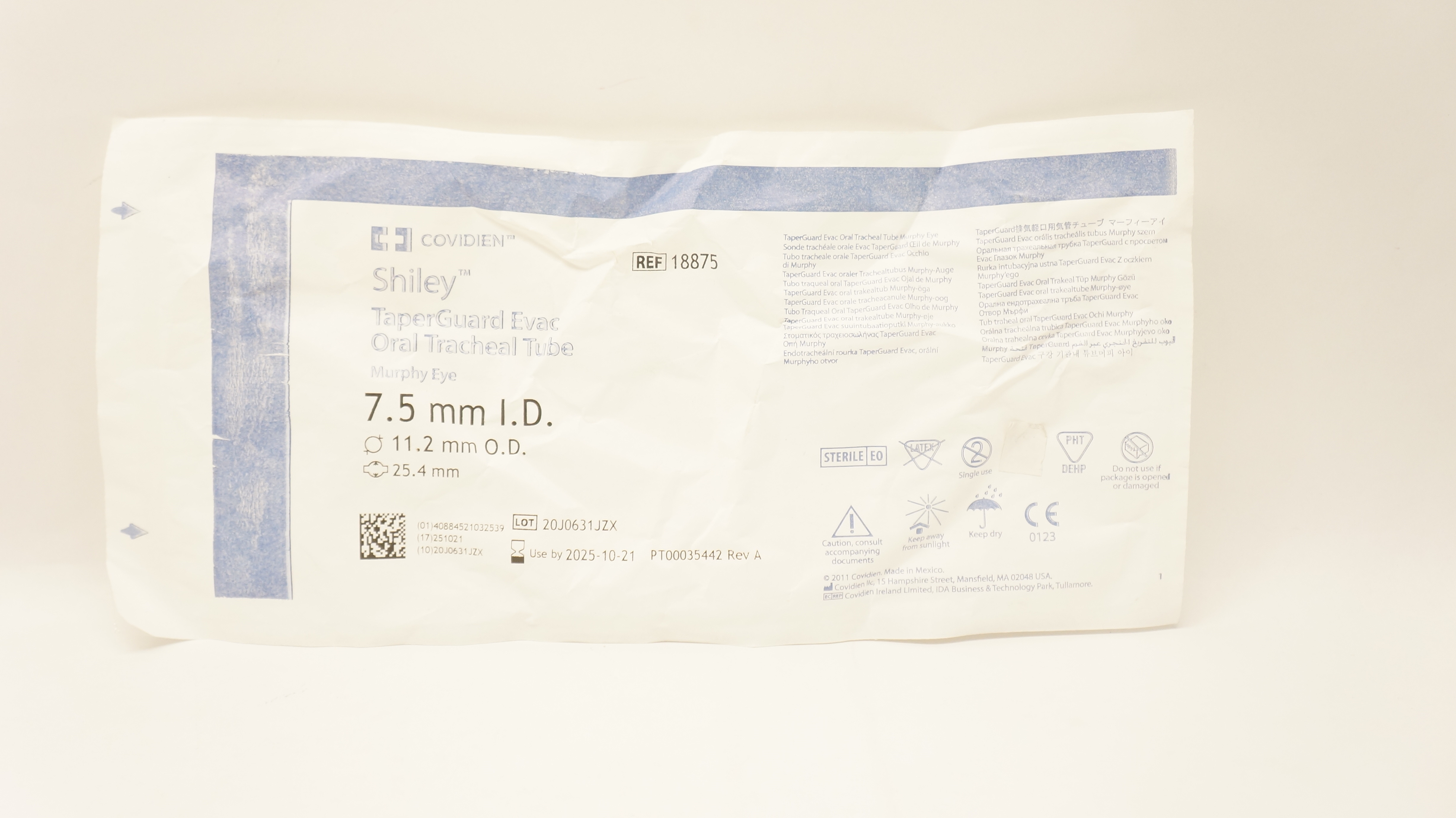 Covidien 18875 Shiley TaperGuard Evac Oral Tracheal Tube 7.5mm ID 11.2mm OD