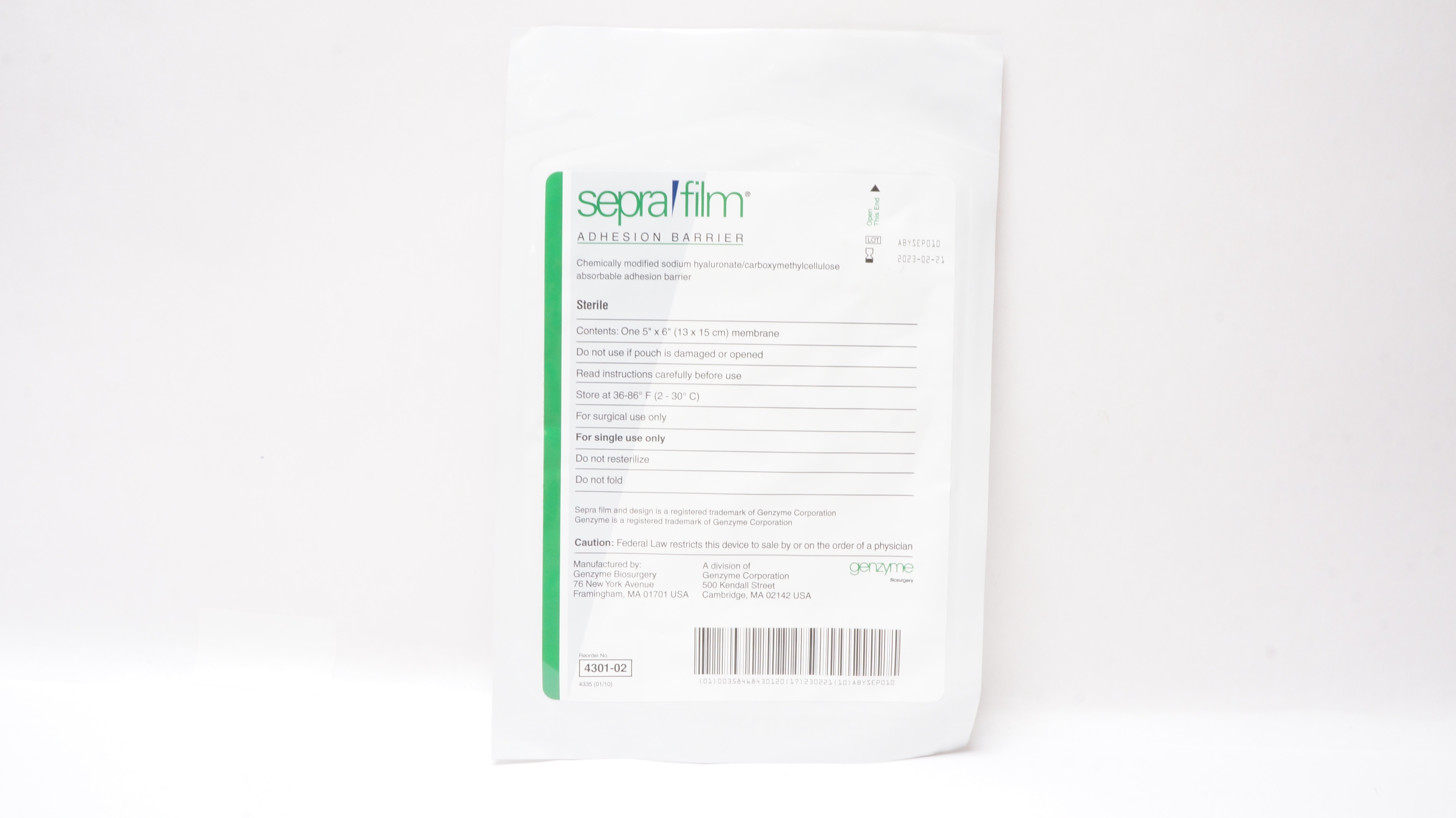 Genzyme 4301-02 Sepra Firm Adhesion Barrier 5inch x 6inch Membrane (x)