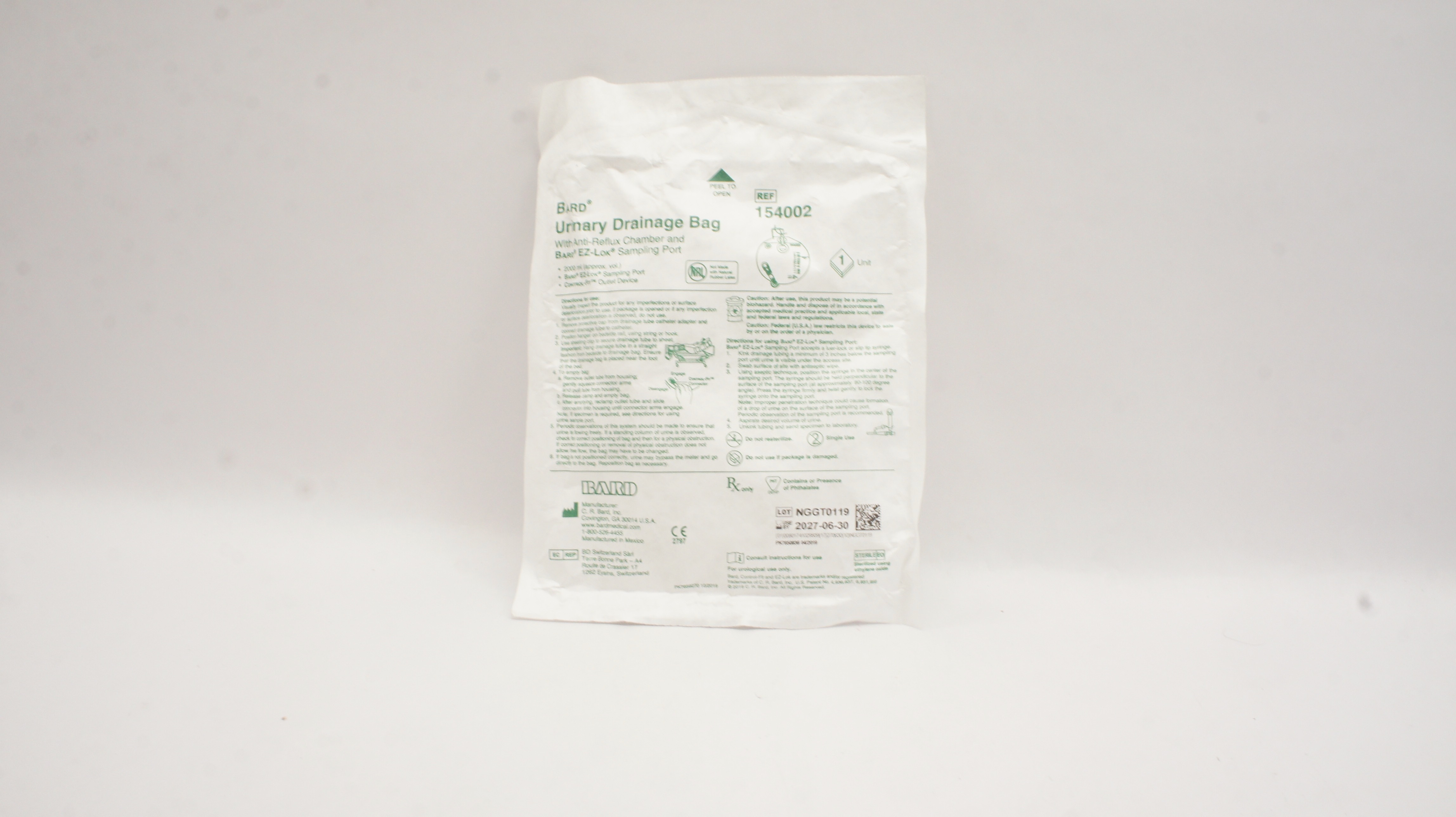 Bard 154002 Urinary Drainage Bag with Anti-Reflux Chamber & Sampling Port 2000ml