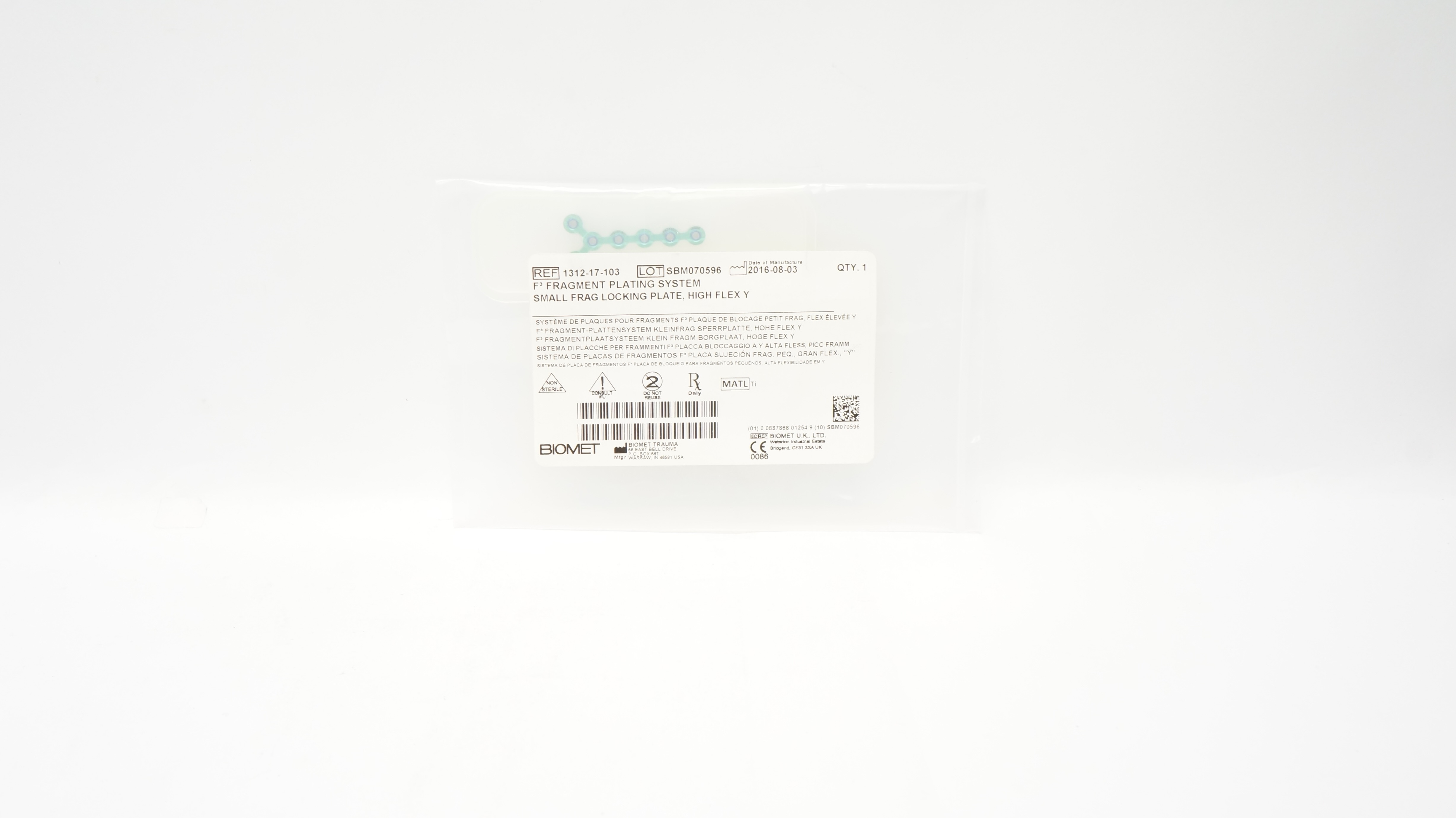 Biomet 1312-17-103 F3 Fragment Plating System Small Frag Locking Plate