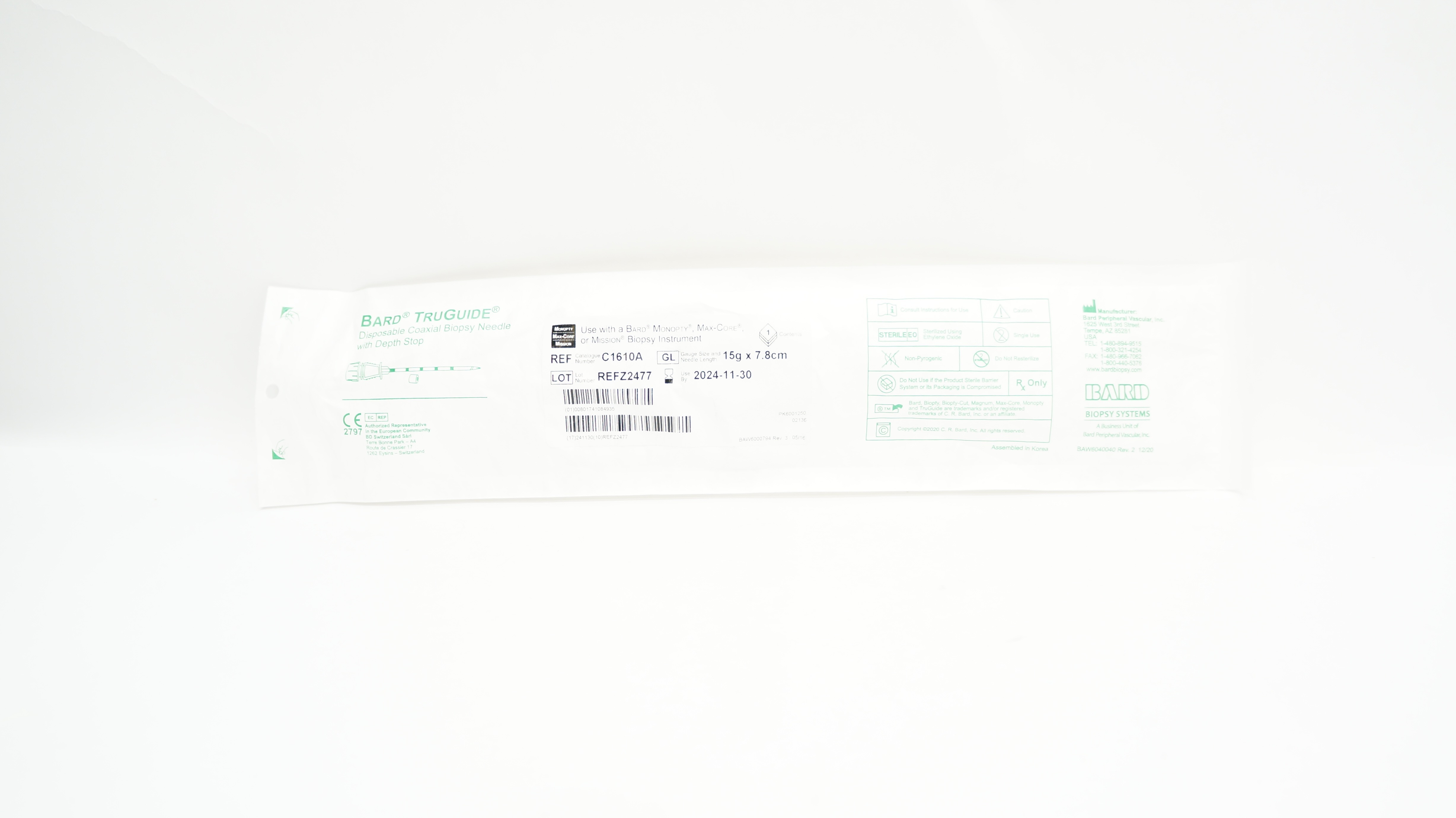 Bard C1610A TruGuide Disposable Coaxial Biopsy Ndle. 15G x 7.8cm