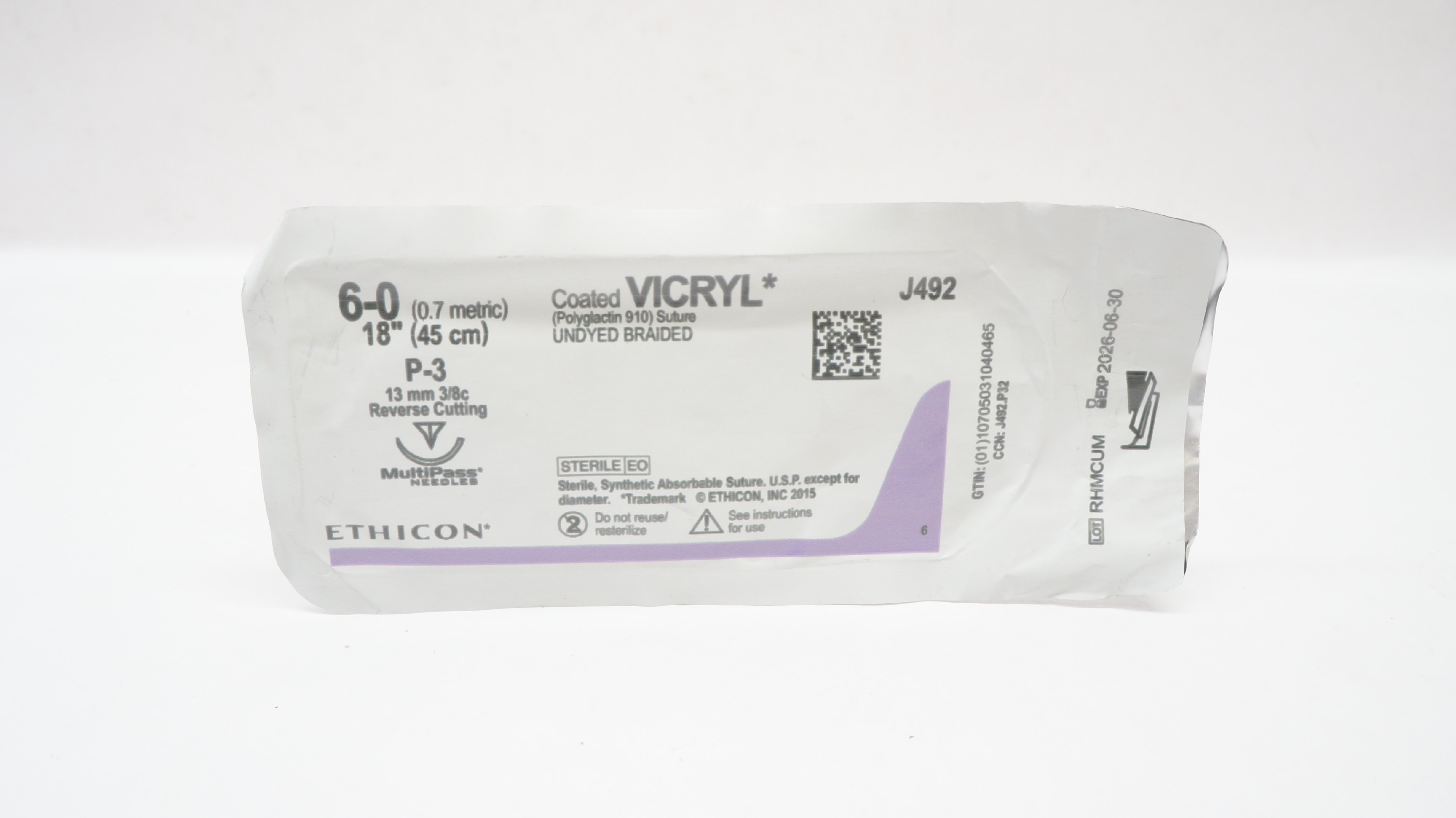 Ethicon J492 6-0 Coated VICRYL Stre P-3 13mm 3/8c Reverse Cutting 18inch